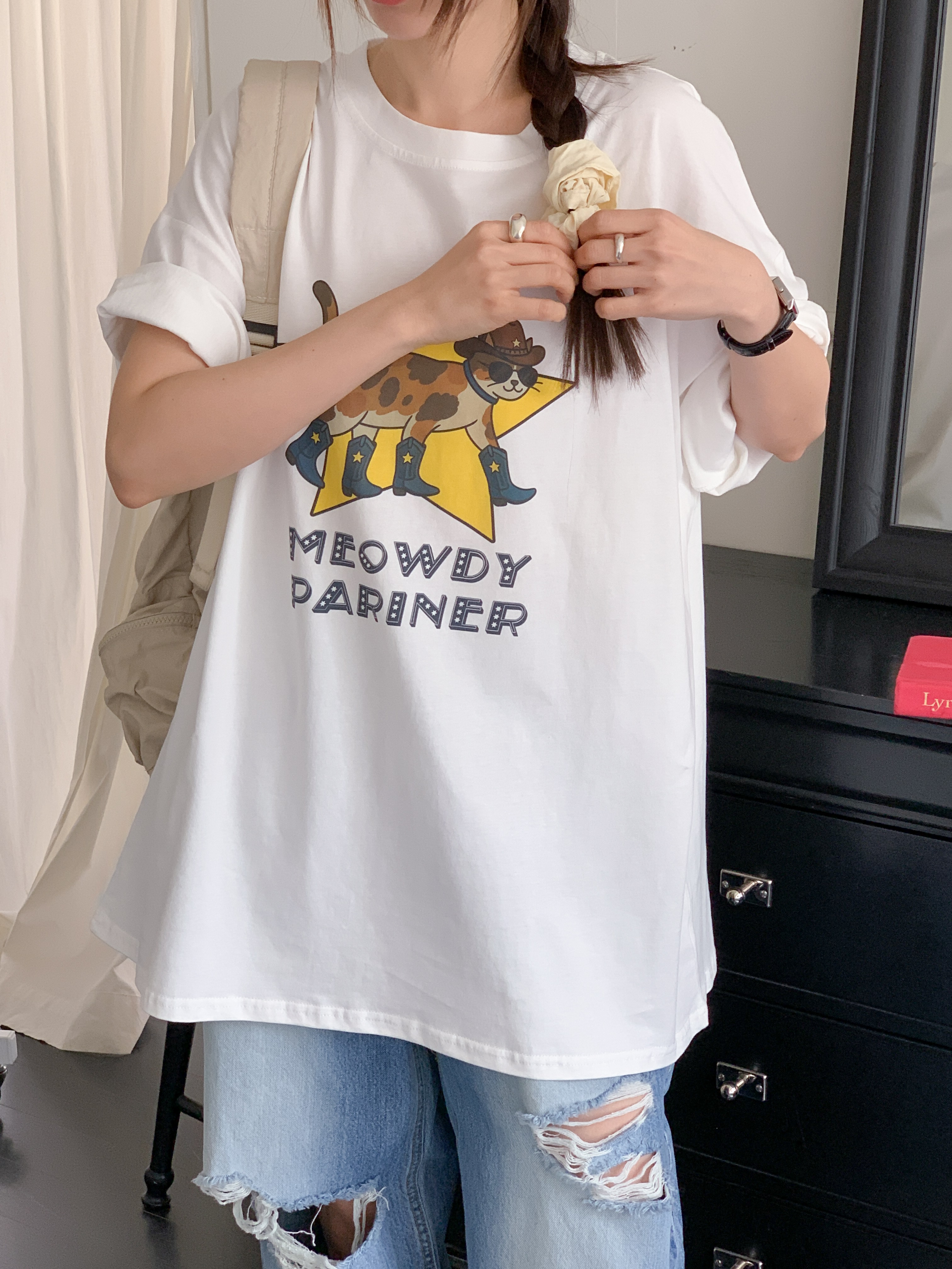 コットンラウンドネックオーバーサイズボクシー半袖プリントTシャツ | 詳細画像11