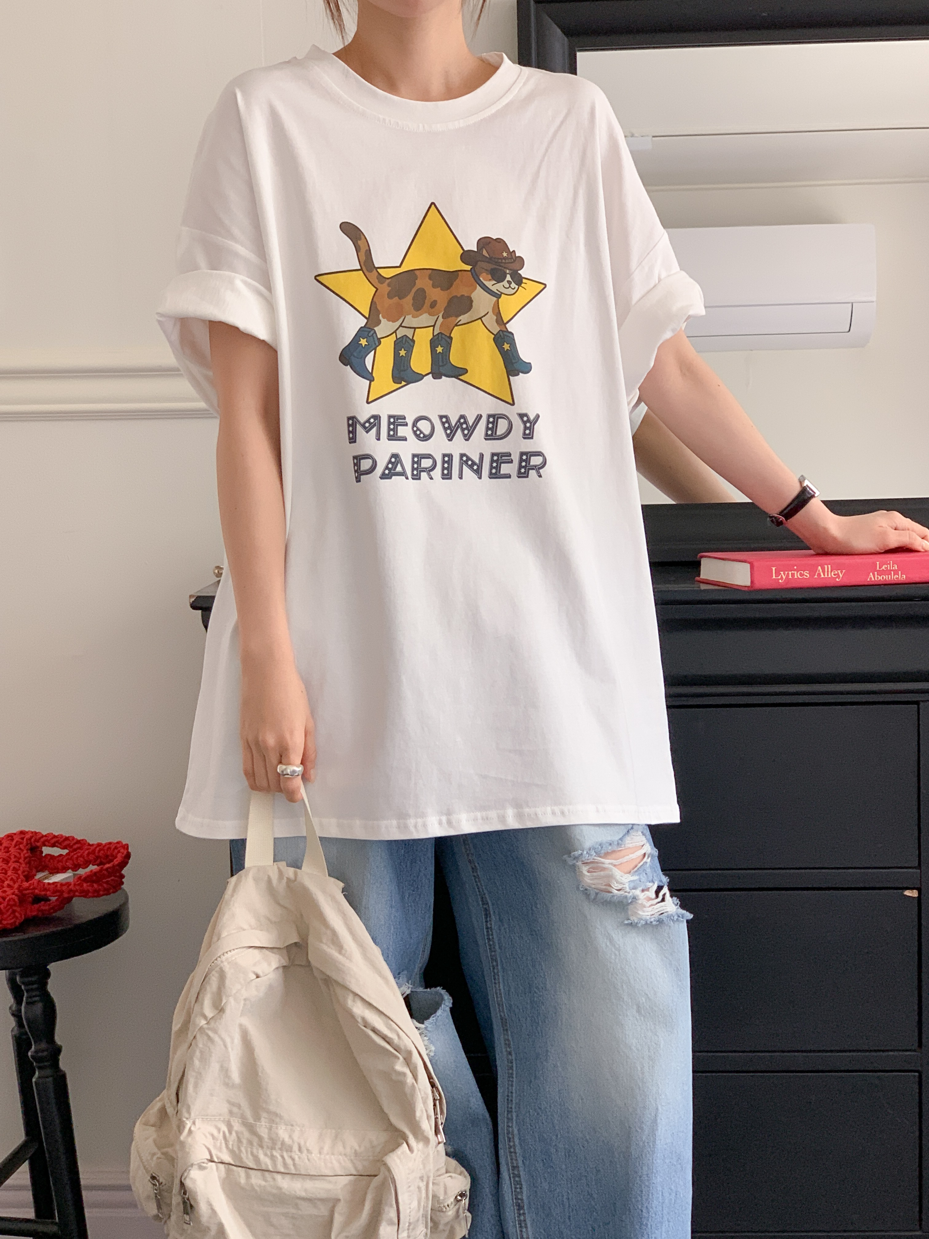 コットンラウンドネックオーバーサイズボクシー半袖プリントTシャツ | 詳細画像12