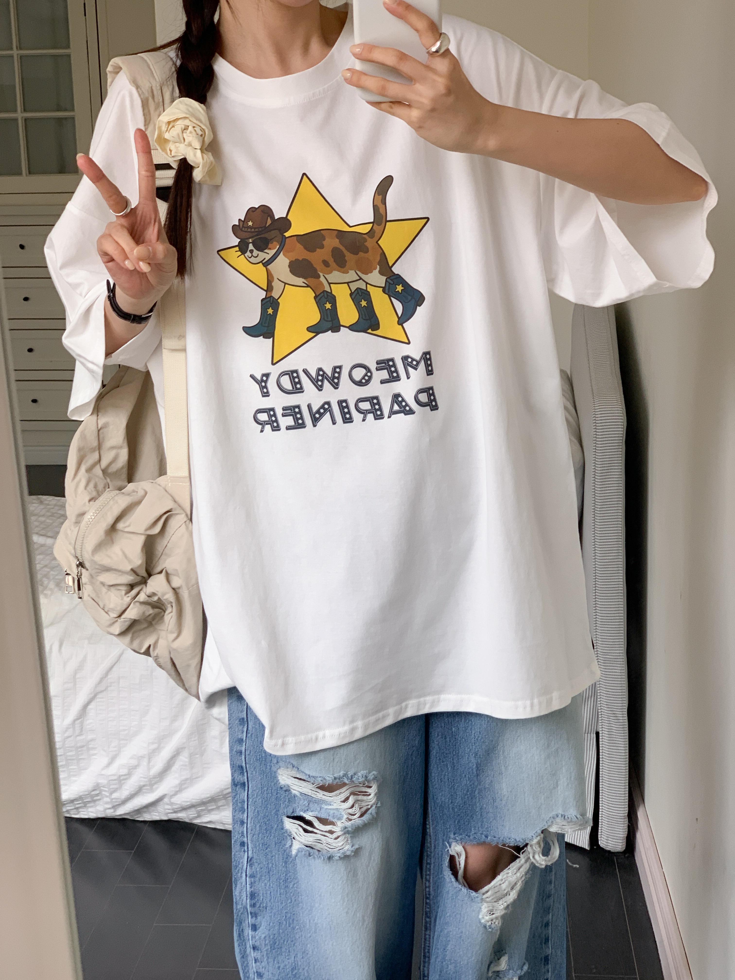 コットンラウンドネックオーバーサイズボクシー半袖プリントTシャツ | 詳細画像13