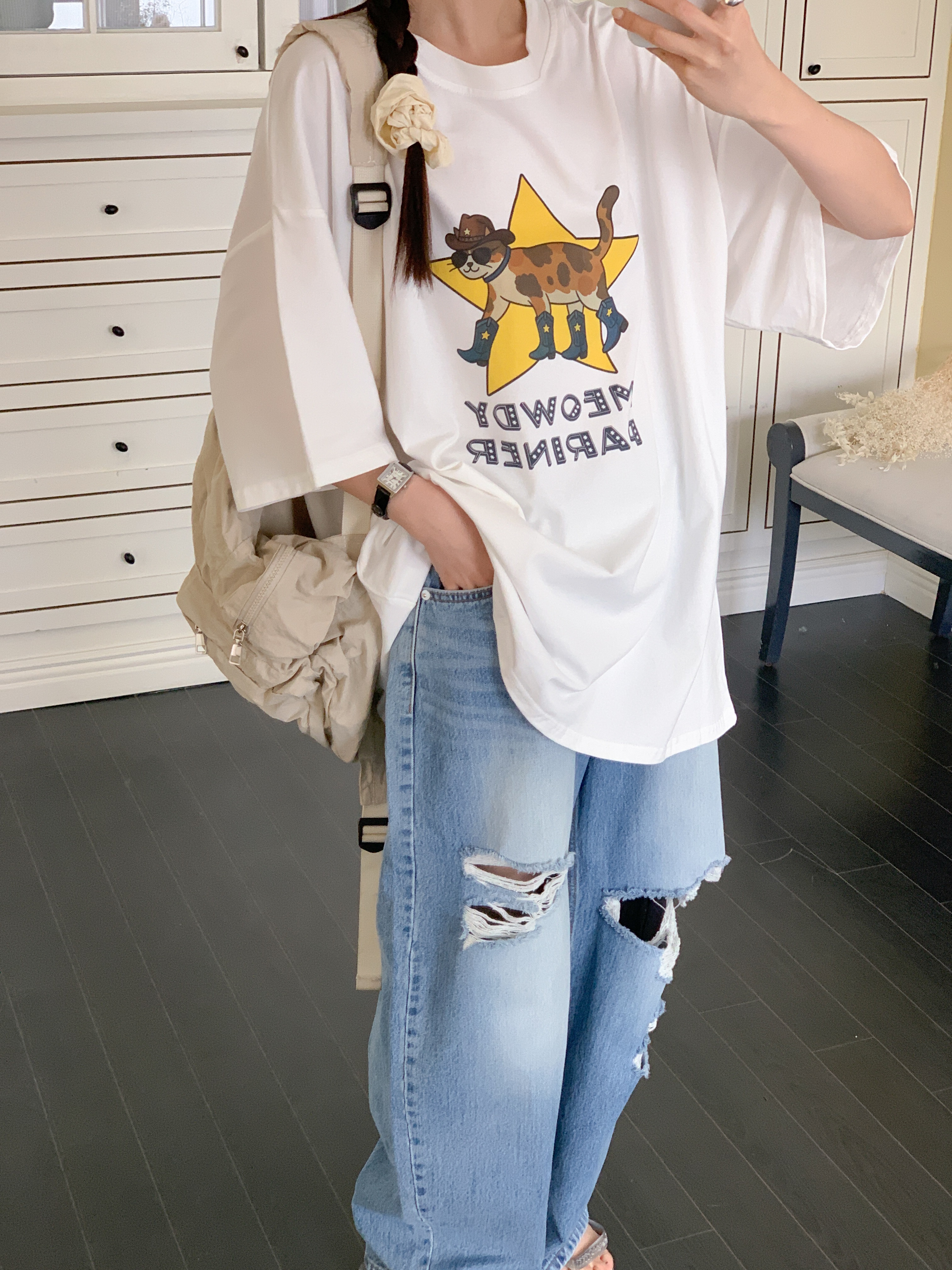 コットンラウンドネックオーバーサイズボクシー半袖プリントTシャツ | 詳細画像19