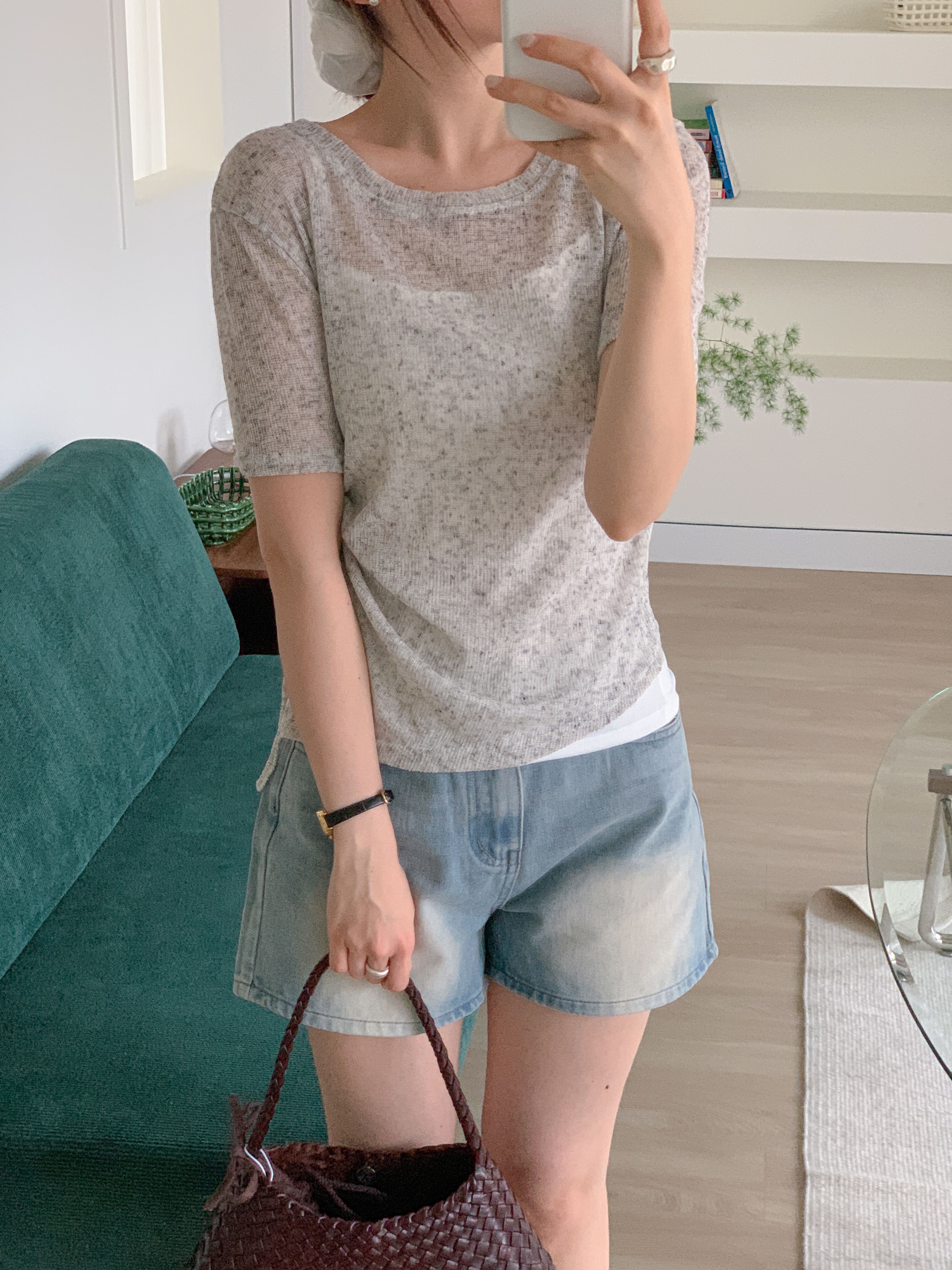 リネン混ラウンドネックドローストリング半袖ギャザーTシャツキャミソールアンサンブル | 詳細画像6