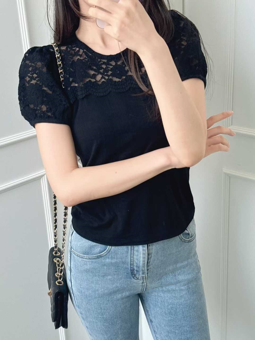 レースコンビラウンドネックパフスリーブ半袖Tシャツ | 詳細画像4
