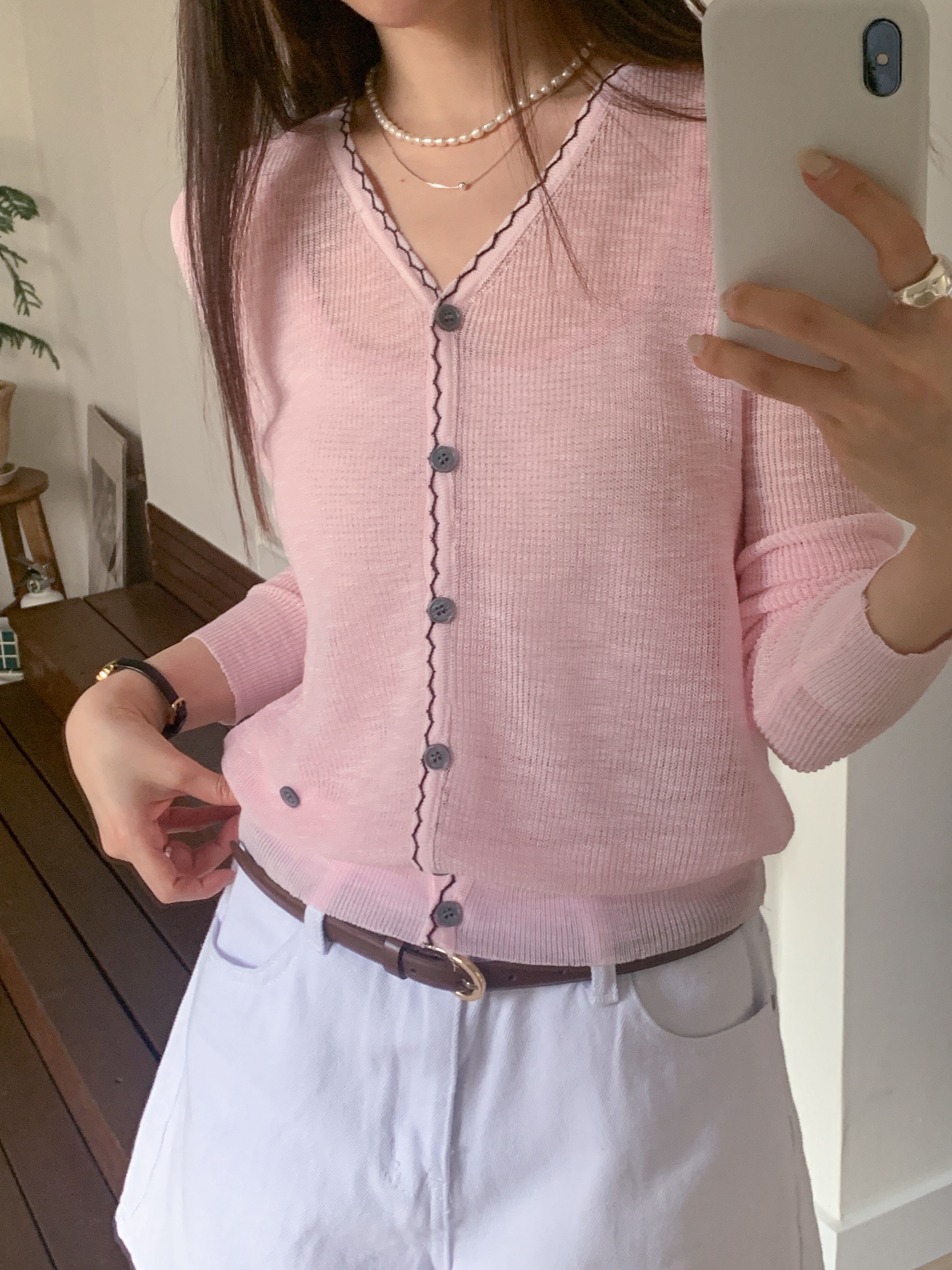 Vネックライン長袖ペンダント配色カーディガン | 詳細画像2