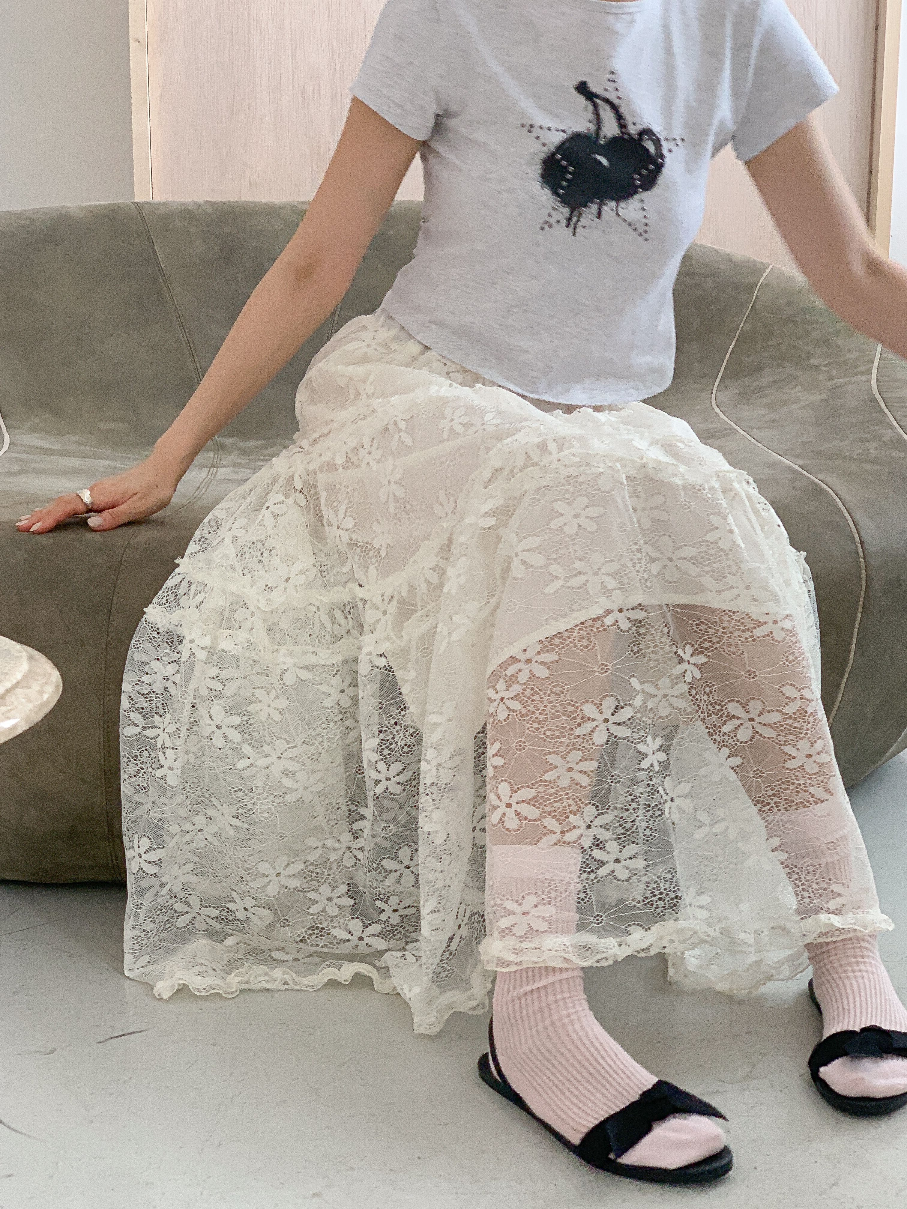 花柄レースウエストゴムロングAラインスカート | 詳細画像5