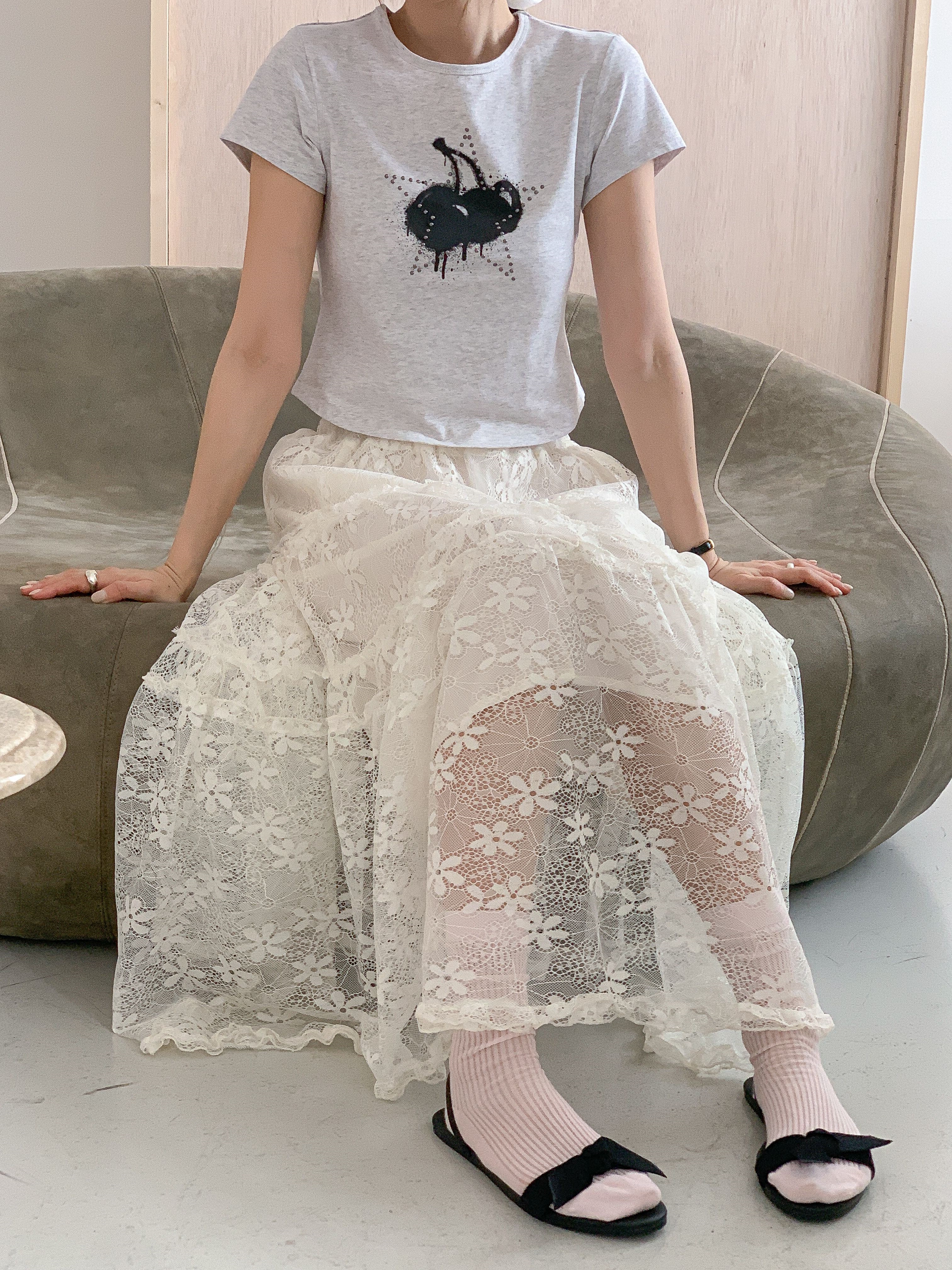 花柄レースウエストゴムロングAラインスカート | 詳細画像9