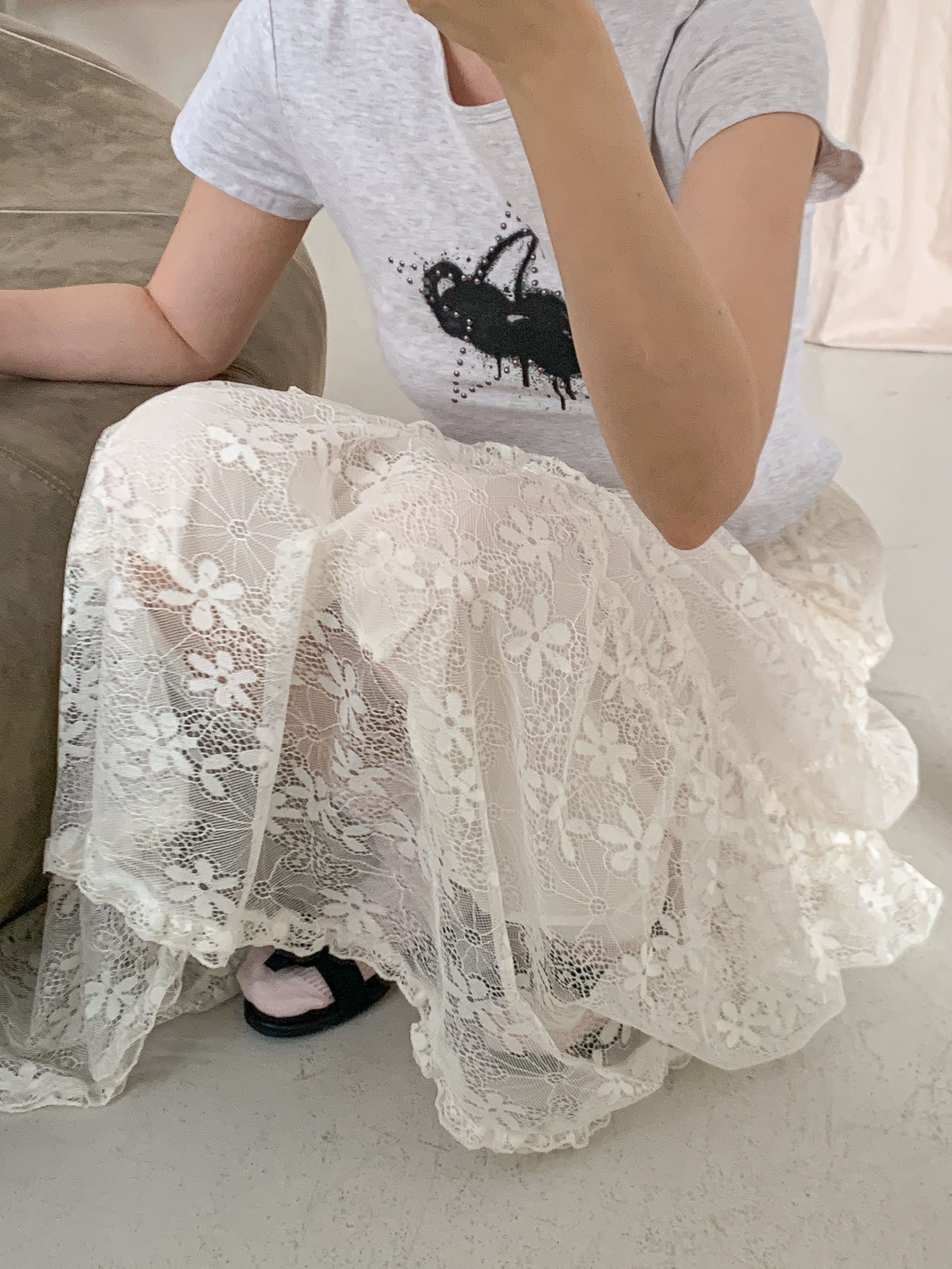 花柄レースウエストゴムロングAラインスカート | 詳細画像19