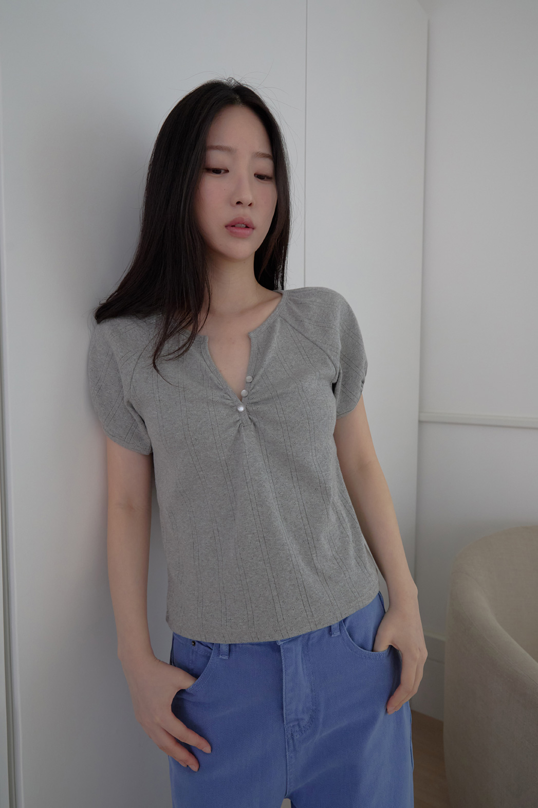 両起毛ボタンVネックシャーリングクロップドレースTシャツSS | 詳細画像5