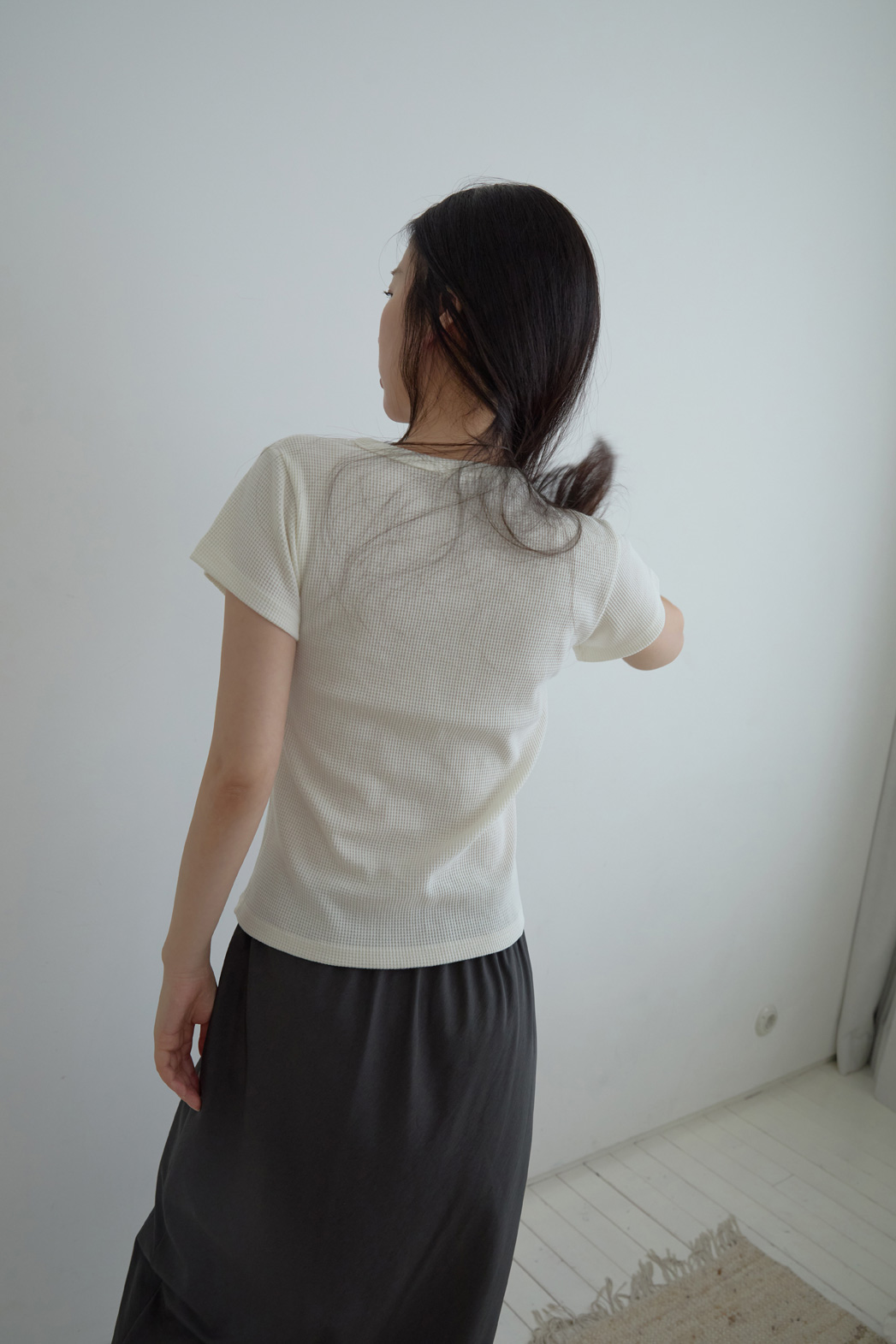 両起毛ヘンリーネックベーシッククロップドスリム無地TシャツSS | 詳細画像3