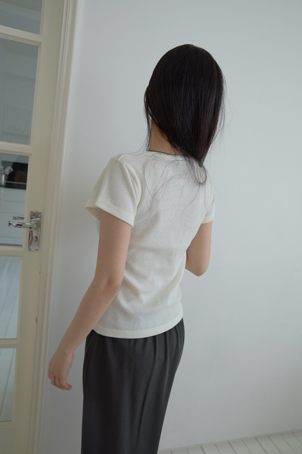 両起毛ヘンリーネックベーシッククロップドスリム無地TシャツSS | 詳細画像4