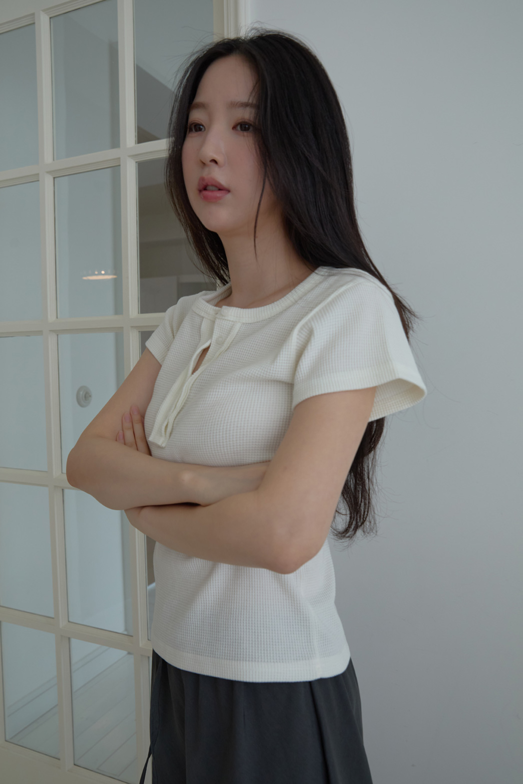 両起毛ヘンリーネックベーシッククロップドスリム無地TシャツSS | 詳細画像11