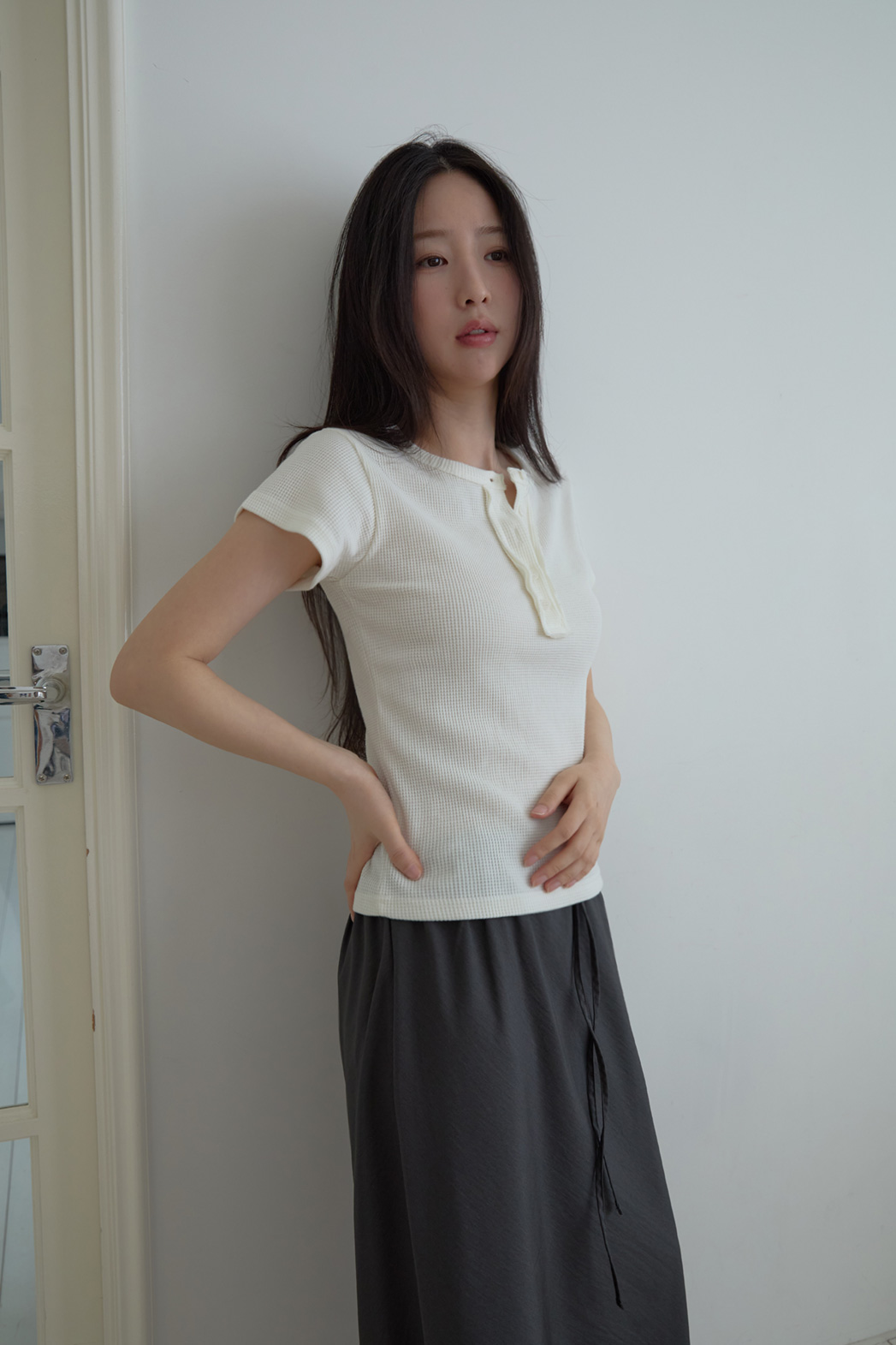 両起毛ヘンリーネックベーシッククロップドスリム無地TシャツSS | 詳細画像12