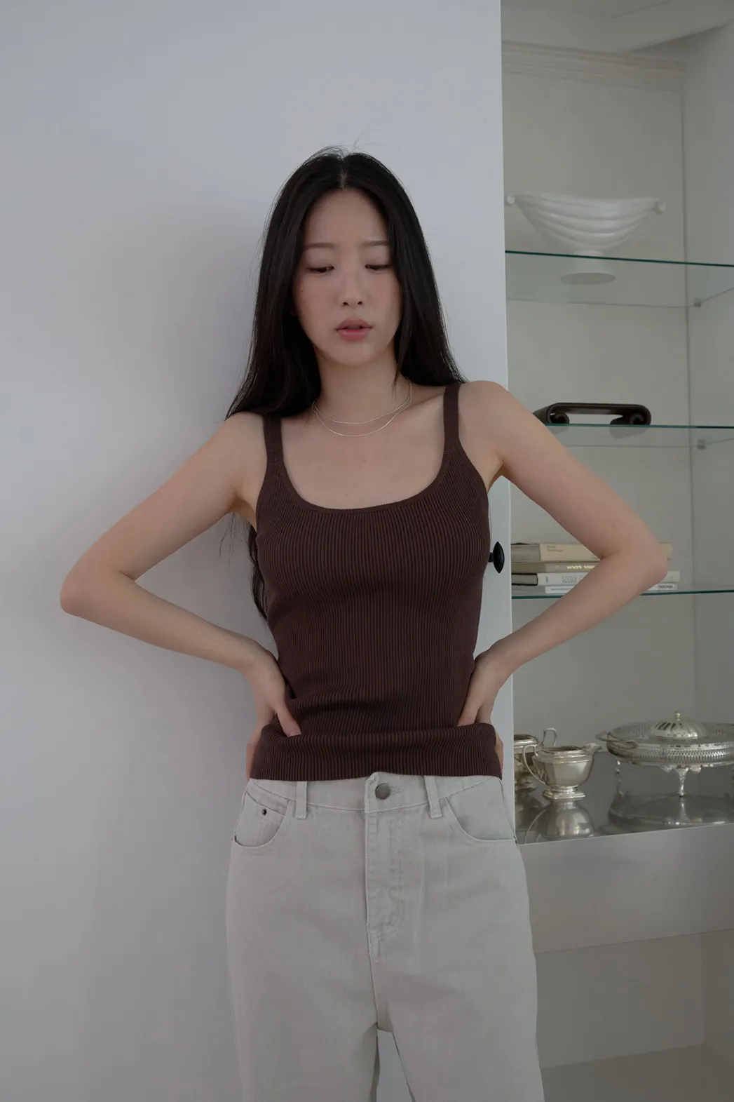 バンブーナイロンクロップドスリム無地ニットノースリーブSS | 詳細画像1