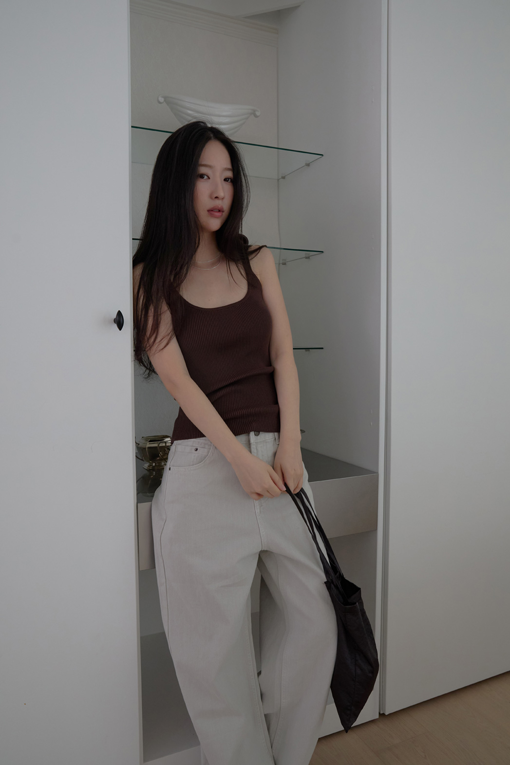 バンブーナイロンクロップドスリム無地ニットノースリーブSS | 詳細画像2