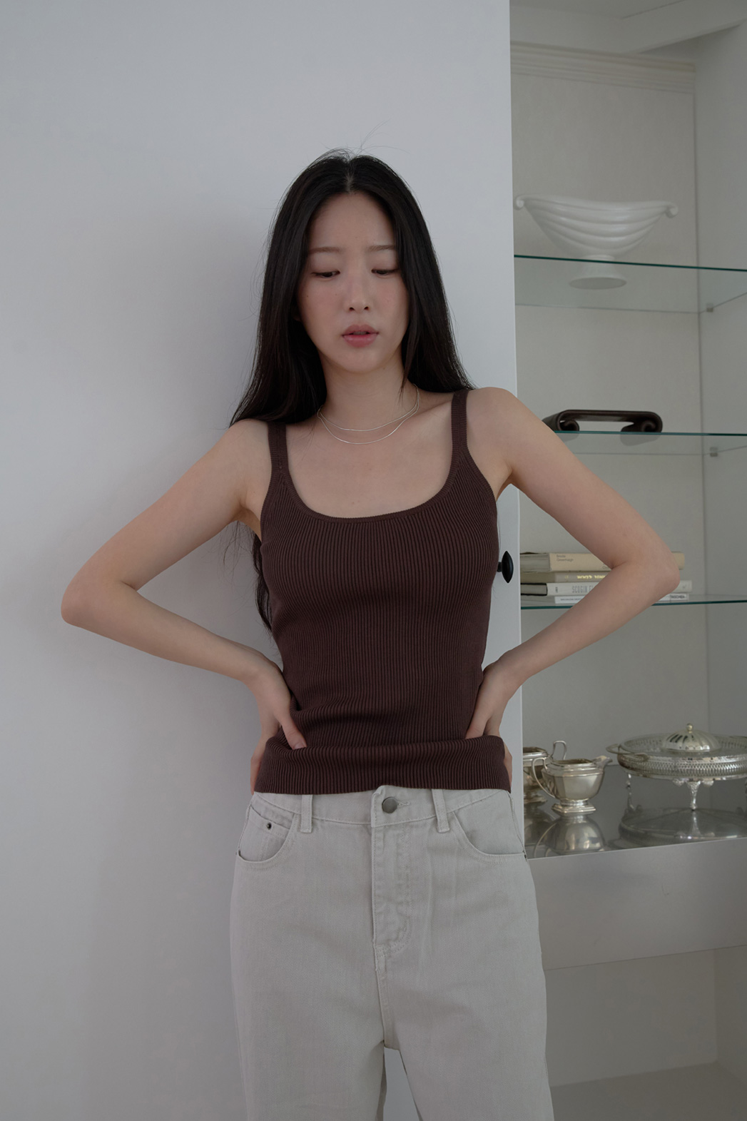 バンブーナイロンクロップドスリム無地ニットノースリーブSS | 詳細画像5