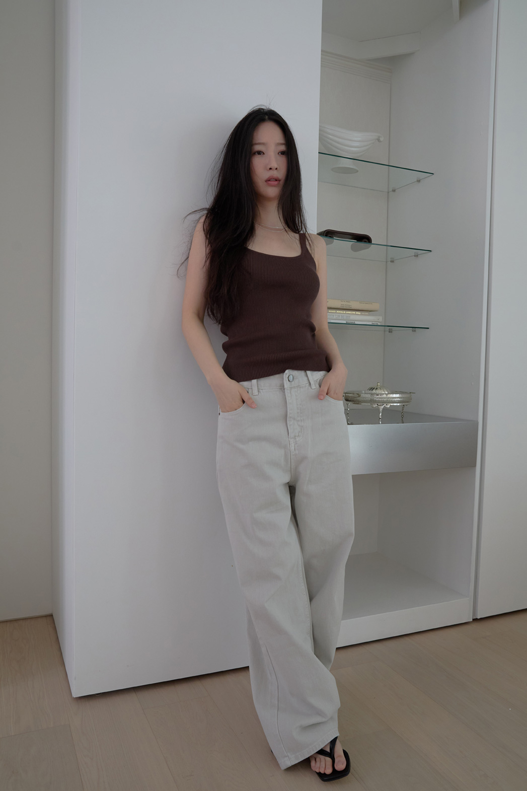 バンブーナイロンクロップドスリム無地ニットノースリーブSS | 詳細画像7