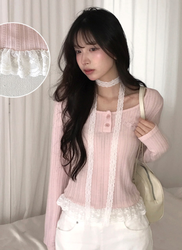 レースコンビ配色スリム長袖ツーボタンレイヤード風Tシャツストラップ