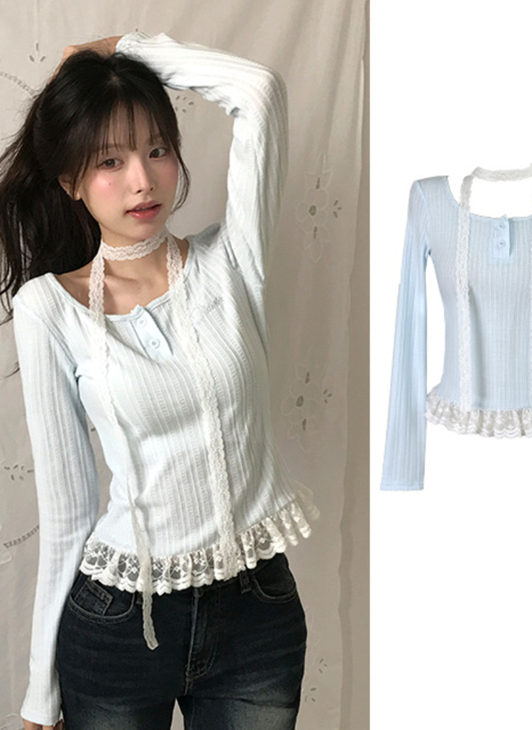 レースコンビ配色スリム長袖ツーボタンレイヤード風Tシャツストラップ