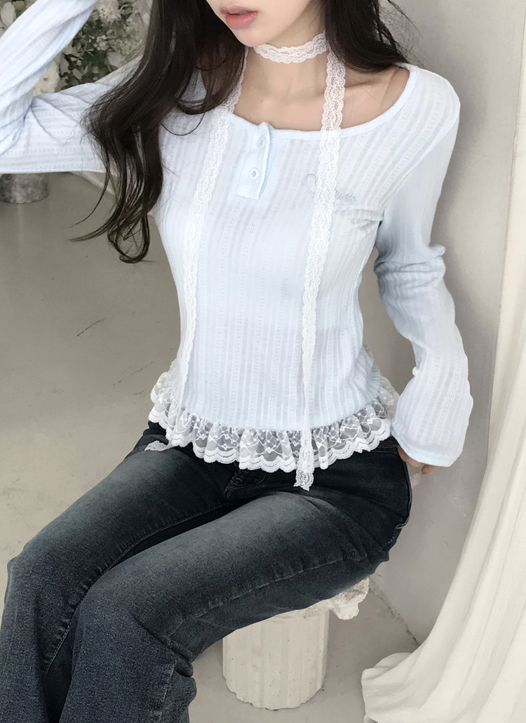 レースコンビ配色スリム長袖ツーボタンレイヤード風Tシャツストラップ