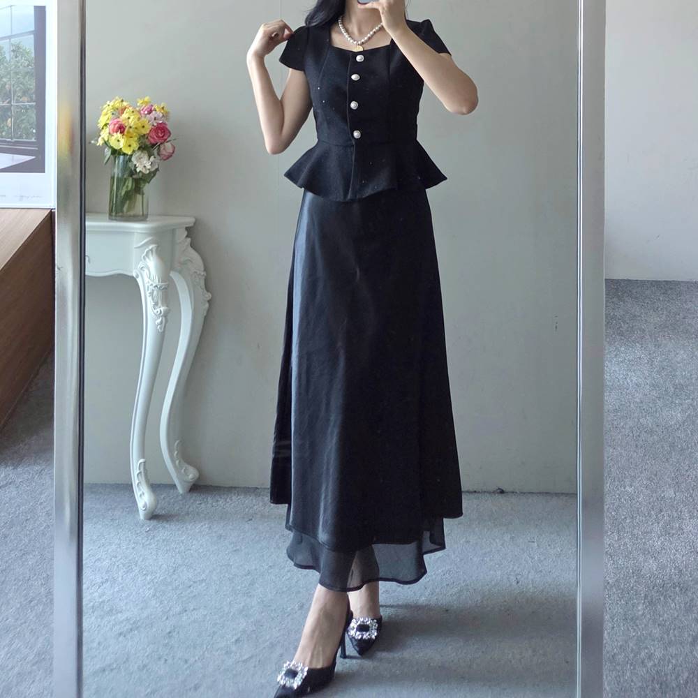 レース×シフォン系スカート ブラックステージロングドレス コンビシフォンサテンレースレイヤード風ヒドゥンバンディングロングA