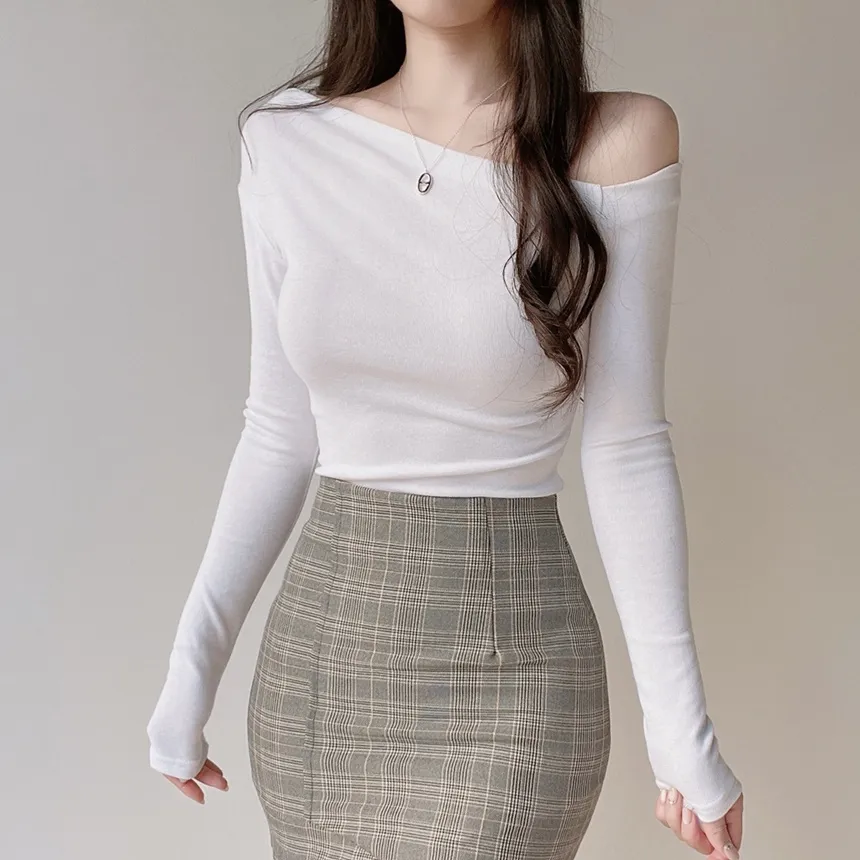 ストレッチ長袖アンバランスネックスリムワンショルダーTシャツ | mirangmirang | 詳細画像2