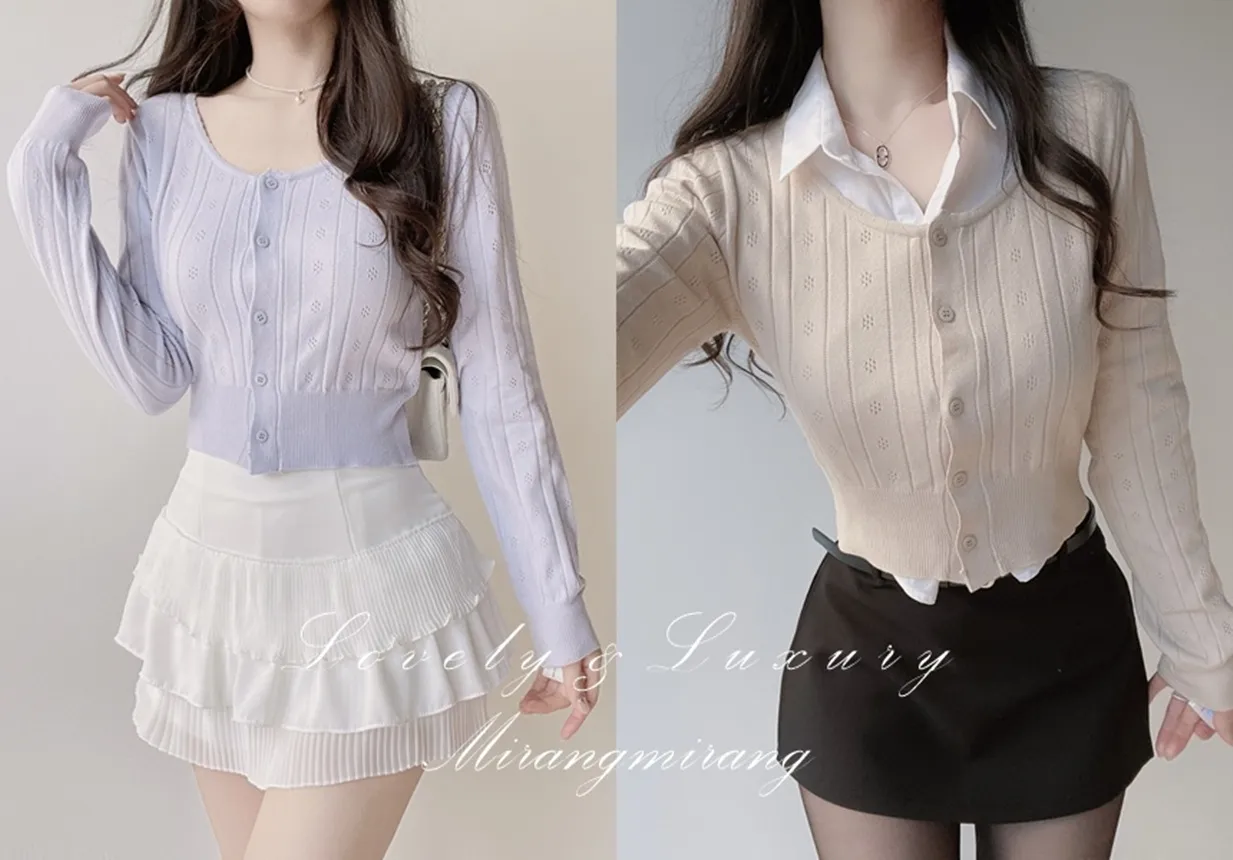 Uネック長袖クロップドパンチングカーディガン | mirangmirang | 詳細画像1