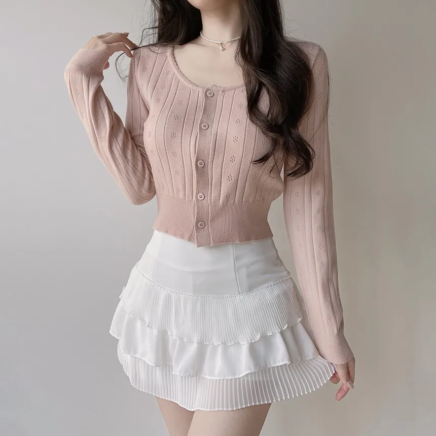 Uネック長袖クロップドパンチングカーディガン | mirangmirang | 詳細画像11