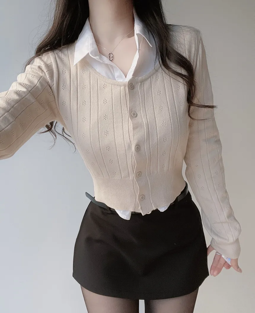 Uネック長袖クロップドパンチングカーディガン | mirangmirang | 詳細画像14