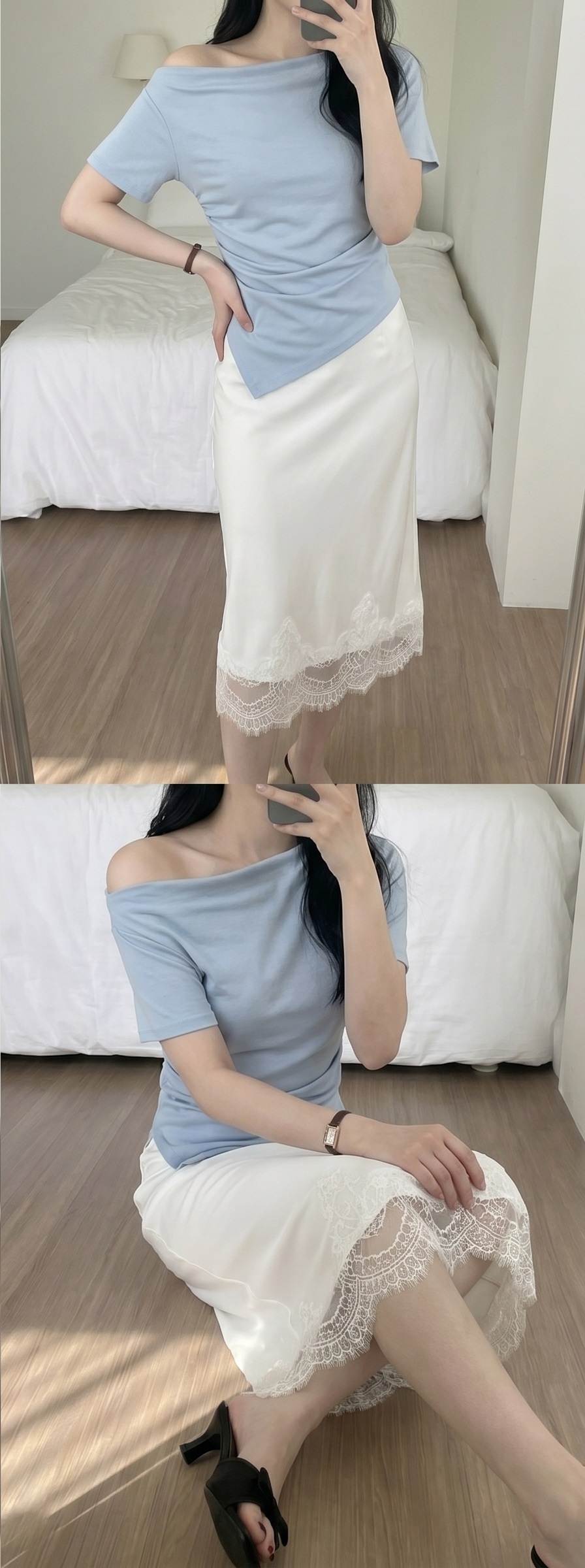 ドレープボートネックオフショルダーベーシックスリム半袖Tシャツ | 詳細画像12