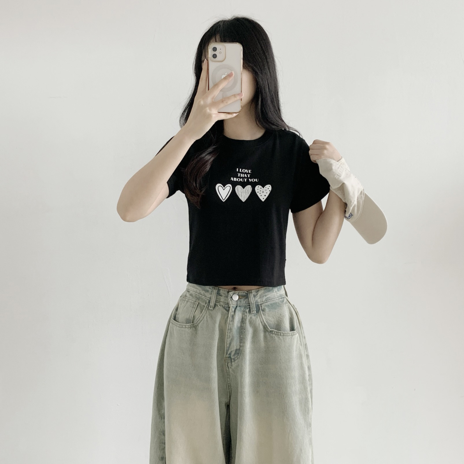 ラウンドネックベーシッククロップドスリム半袖ハートTシャツ | 詳細画像3