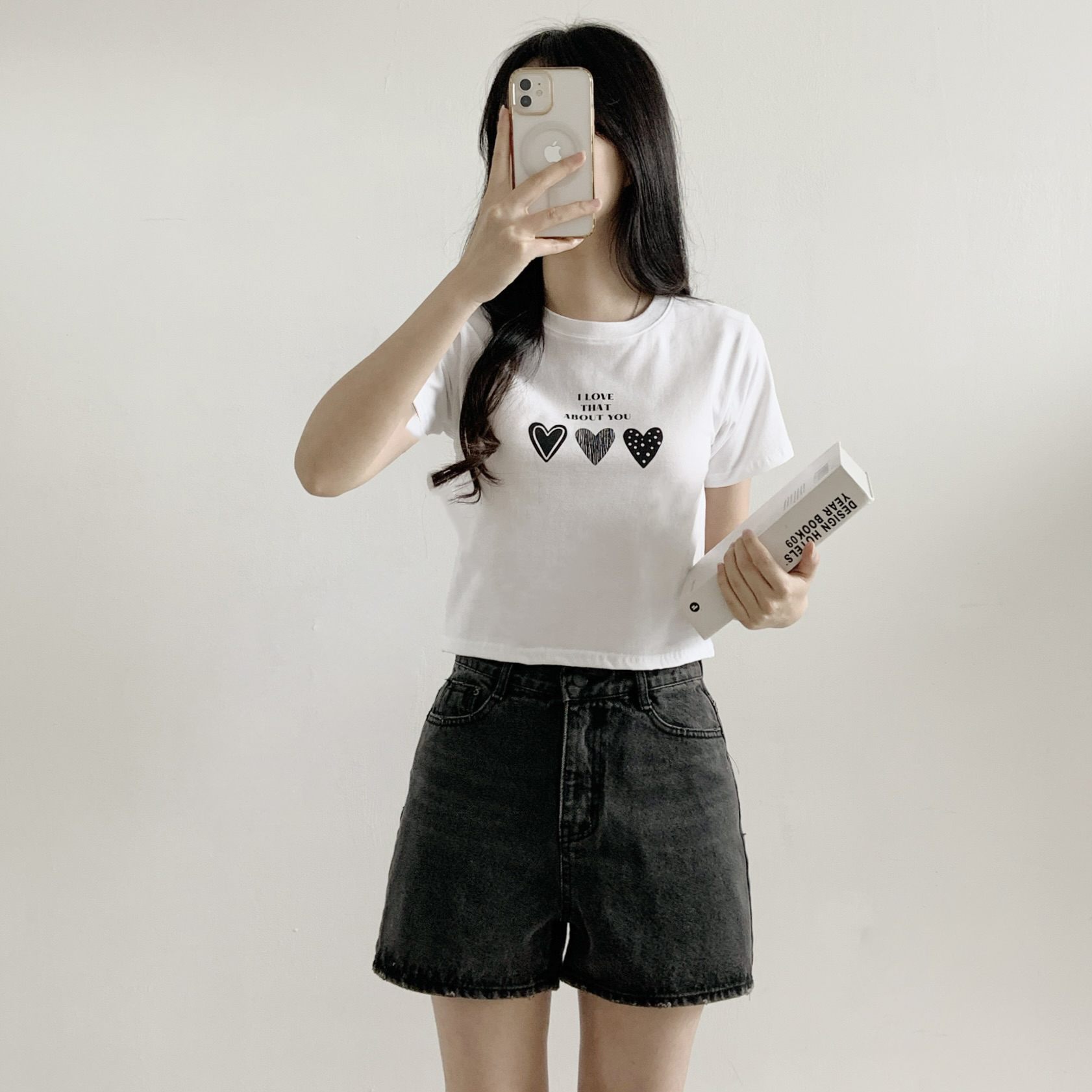 ラウンドネックベーシッククロップドスリム半袖ハートTシャツ | 詳細画像4