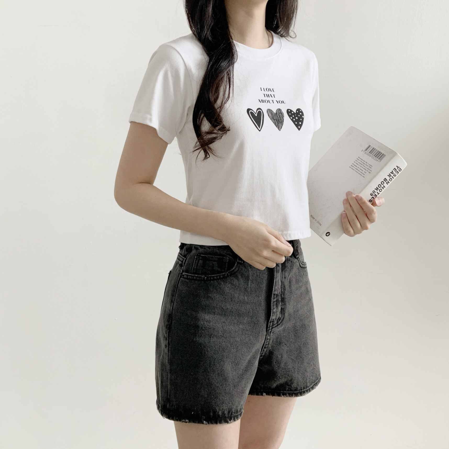 ラウンドネックベーシッククロップドスリム半袖ハートTシャツ | 詳細画像5