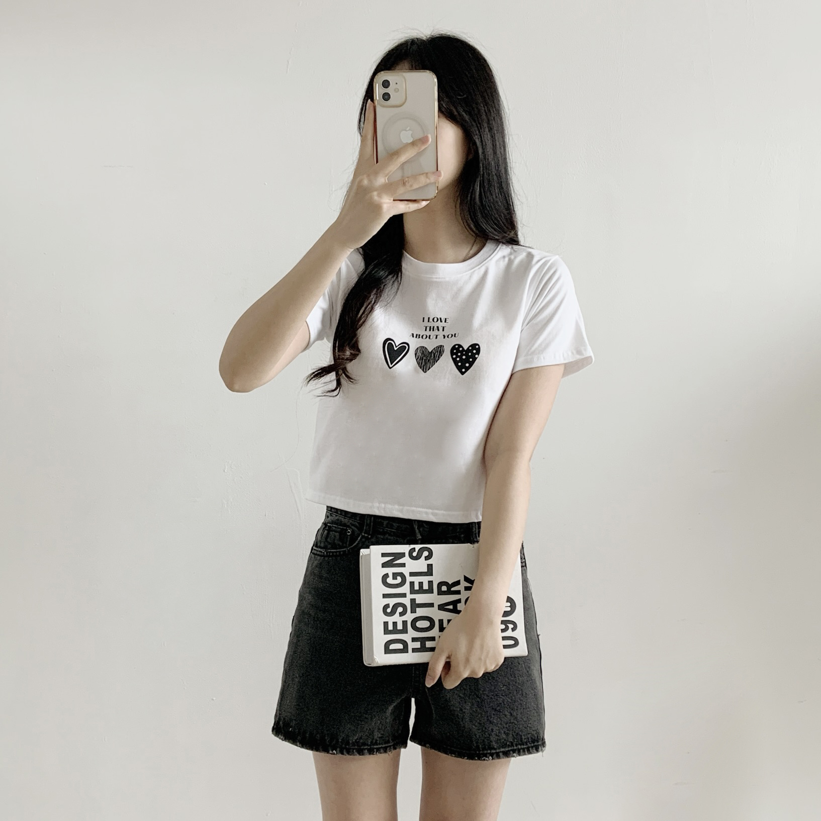 ラウンドネックベーシッククロップドスリム半袖ハートTシャツ | 詳細画像6
