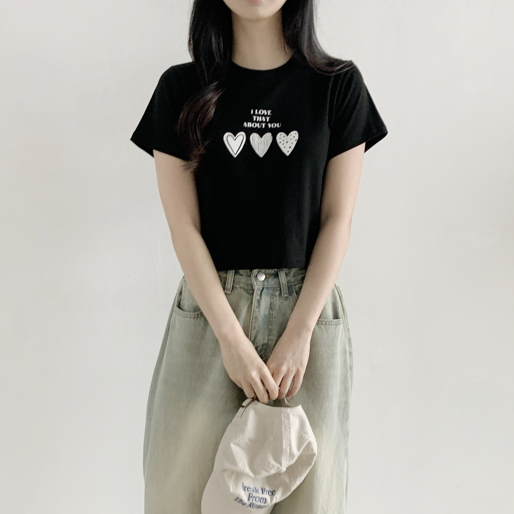 ラウンドネックベーシッククロップドスリム半袖ハートTシャツ | 詳細画像8