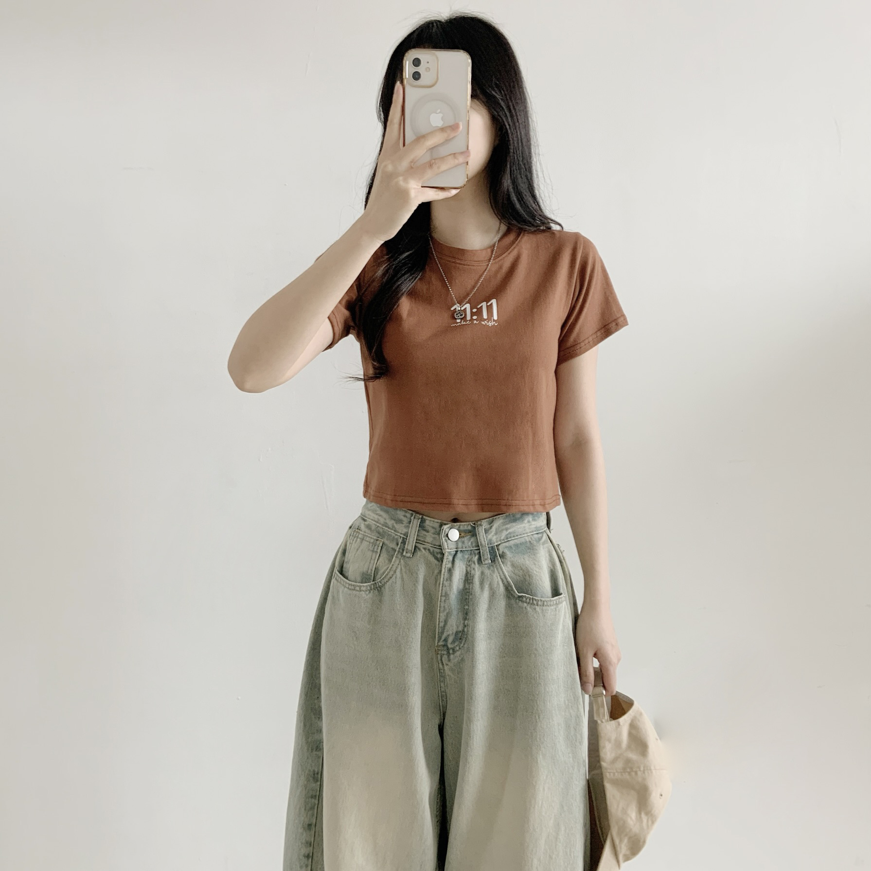 コットンラウンドネックベーシッククロップド半袖ロゴTシャツ | 詳細画像7
