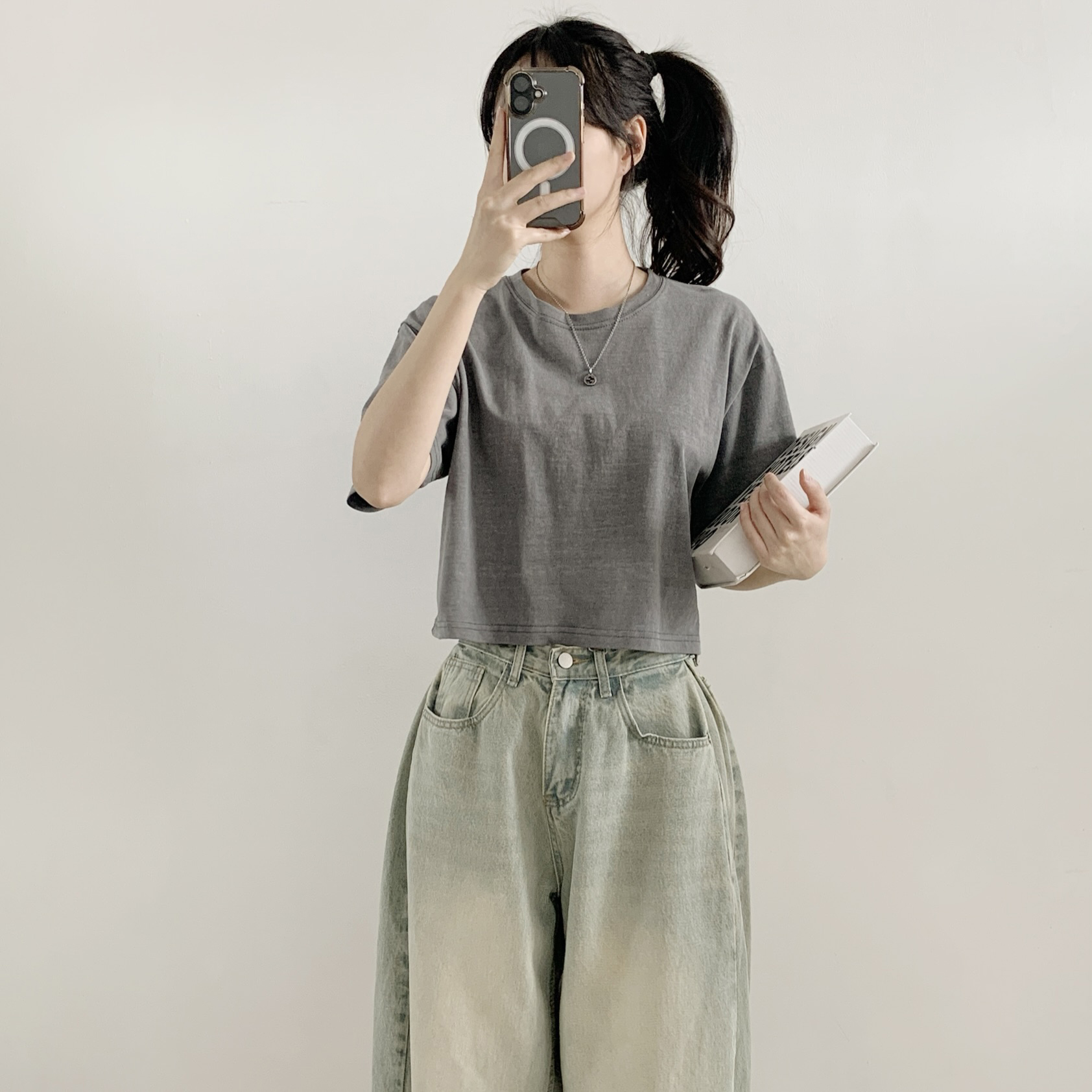 コットンラウンドネックベーシッククロップドスリムTシャツ | 詳細画像7