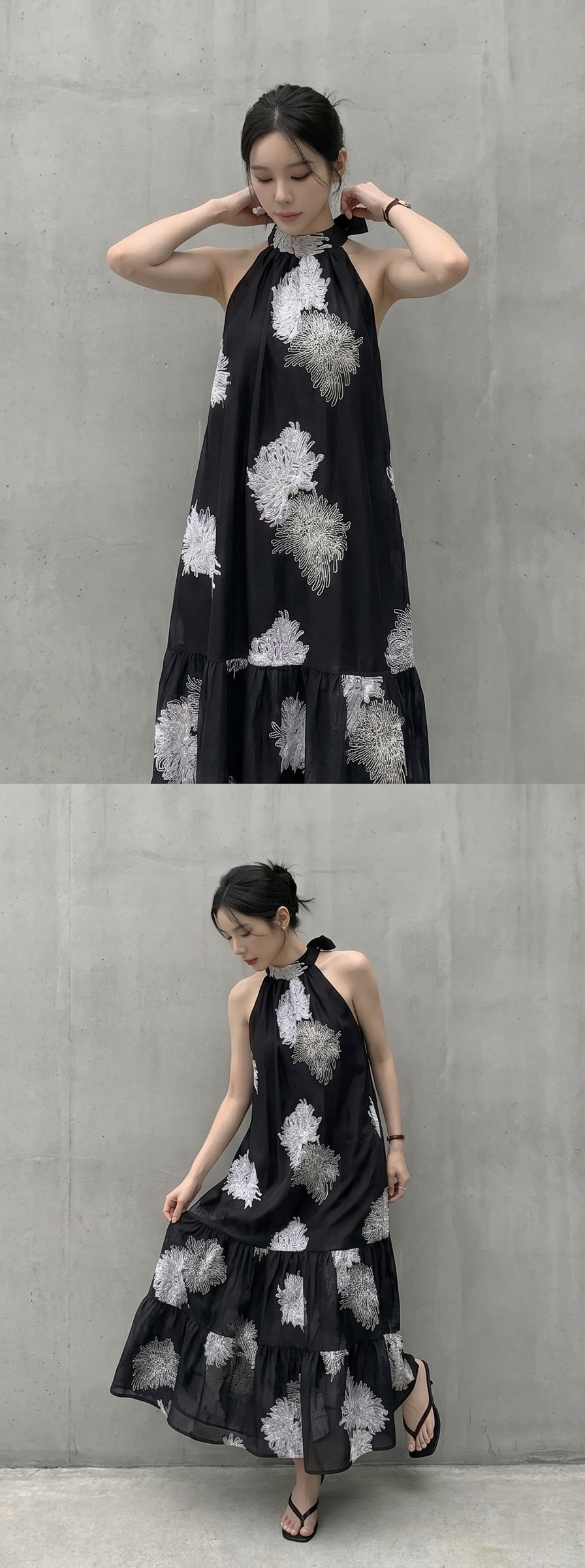 シフォンホルターネックスリムロングルーズ刺繍プリントビスチェワンピース | 詳細画像3