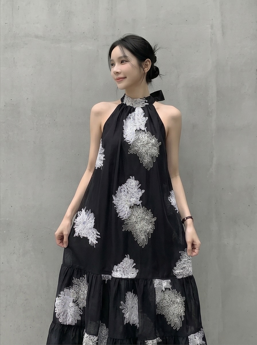 シフォンホルターネックスリムロングルーズ刺繍プリントビスチェワンピース | 詳細画像4