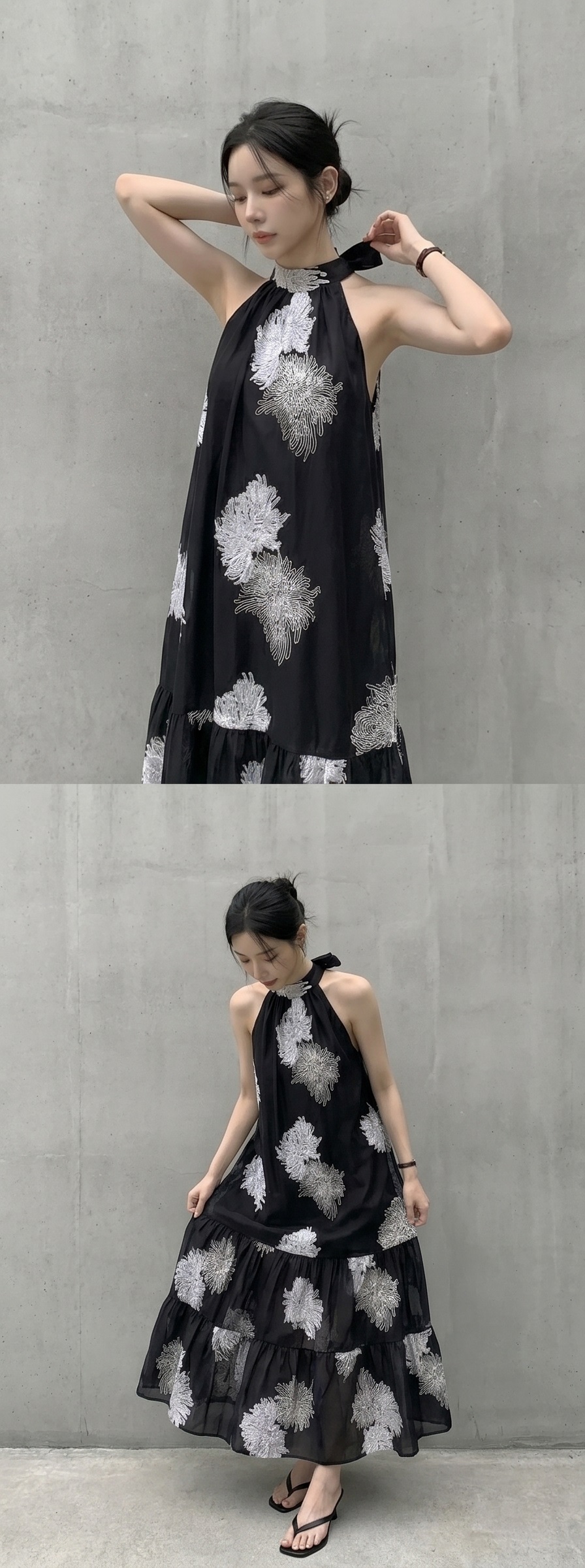 シフォンホルターネックスリムロングルーズ刺繍プリントビスチェワンピース | 詳細画像5