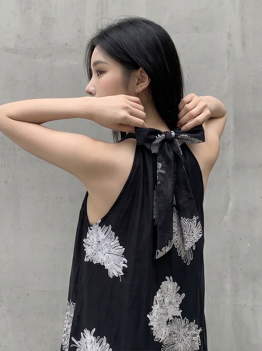 シフォンホルターネックスリムロングルーズ刺繍プリントビスチェワンピース | 詳細画像8