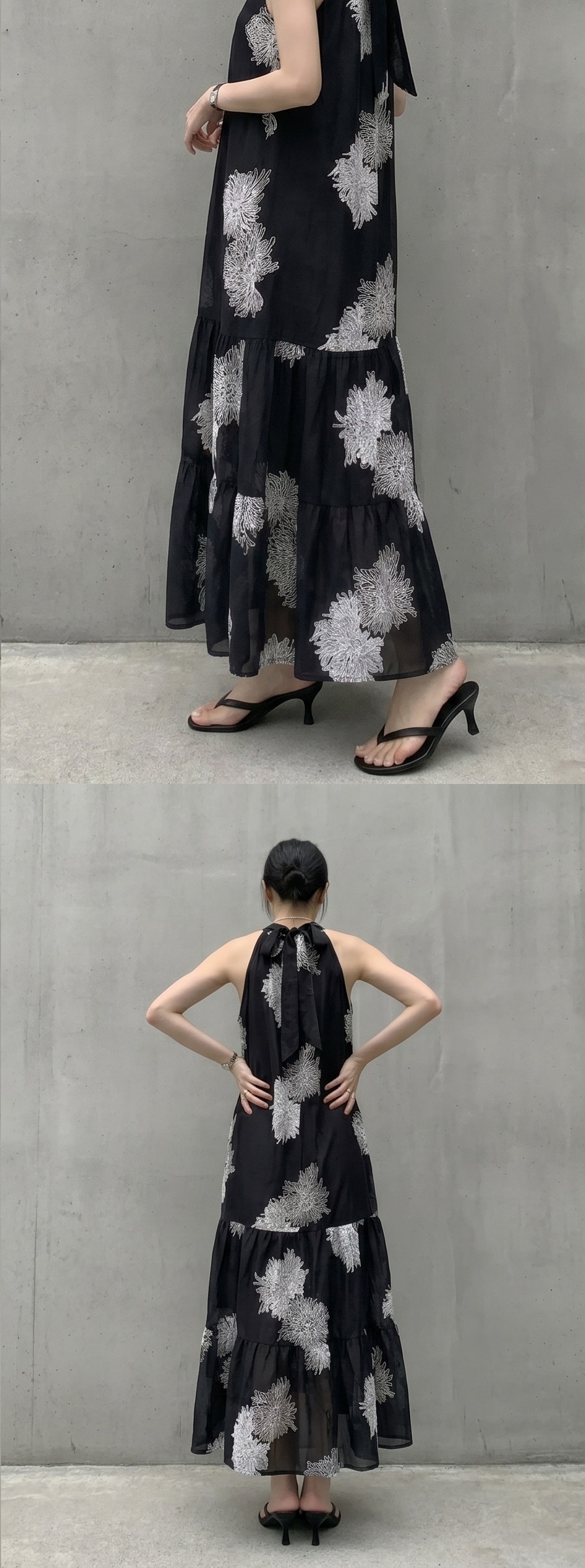 シフォンホルターネックスリムロングルーズ刺繍プリントビスチェワンピース | 詳細画像12
