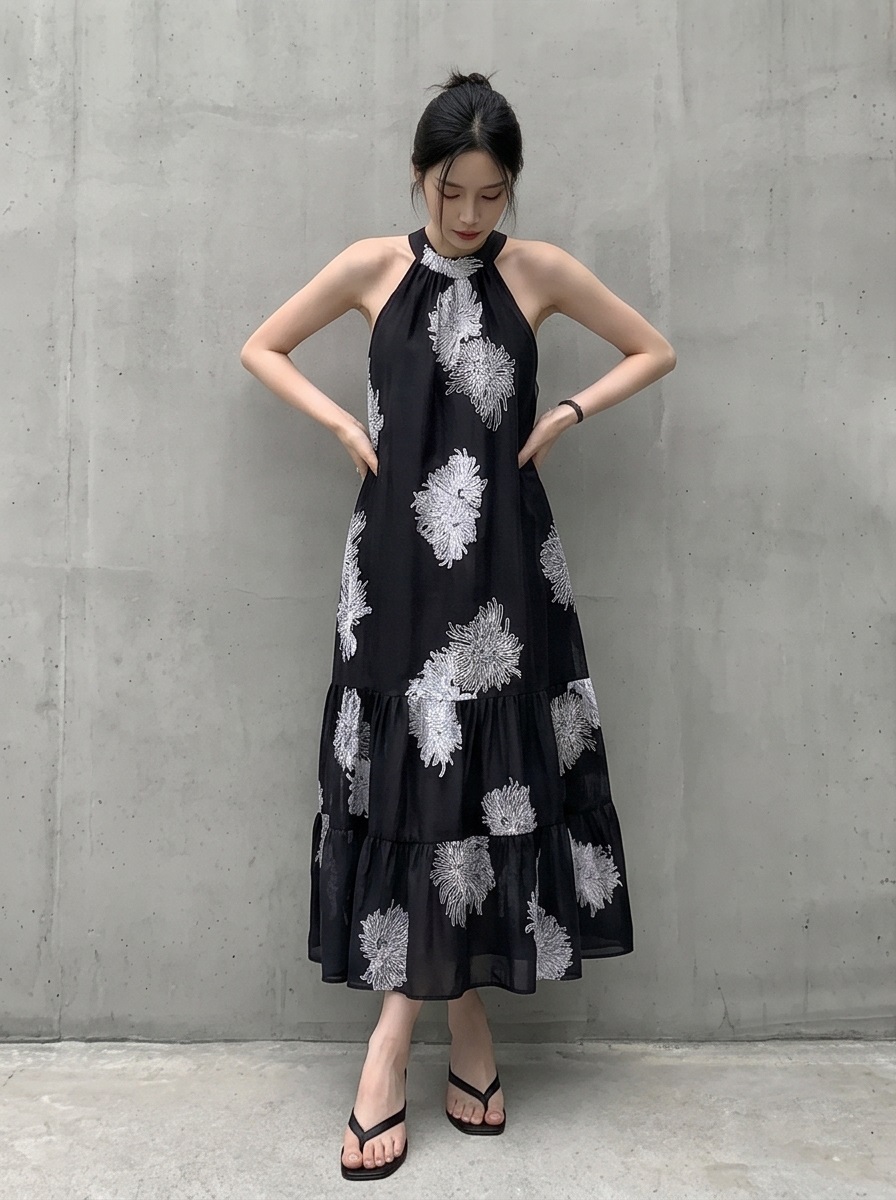 シフォンホルターネックスリムロングルーズ刺繍プリントビスチェ