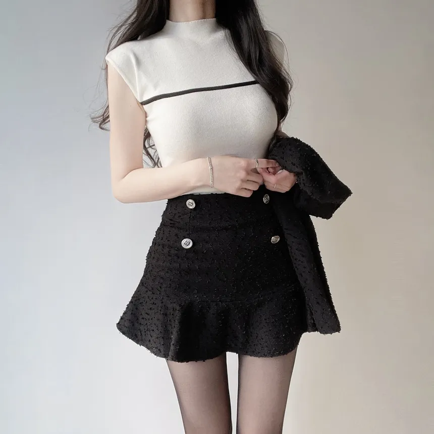 ツイードラウンドネック肩パッドショートフェイクポケットジャケット | mirangmirang | 詳細画像25
