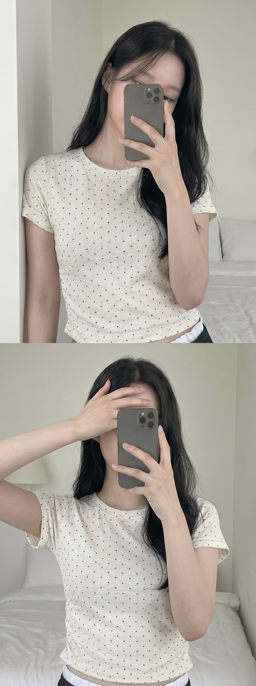 ラウンドネックシャーリングクロップドスリム半袖ドットTシャツ | 詳細画像4