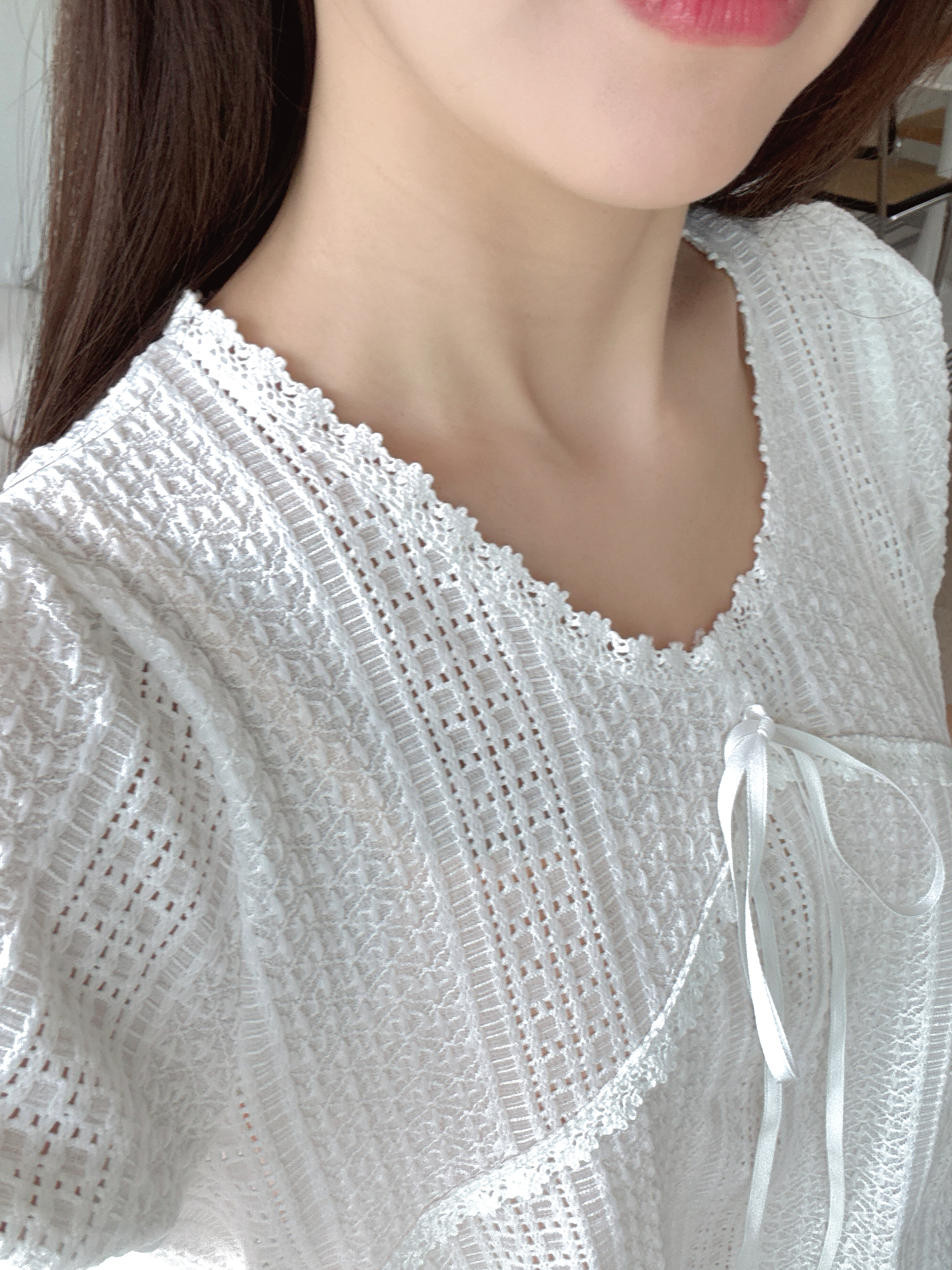 Uネックパンチングラインパフスリーブキャップスリーブ半袖レースTシャツ | 詳細画像12