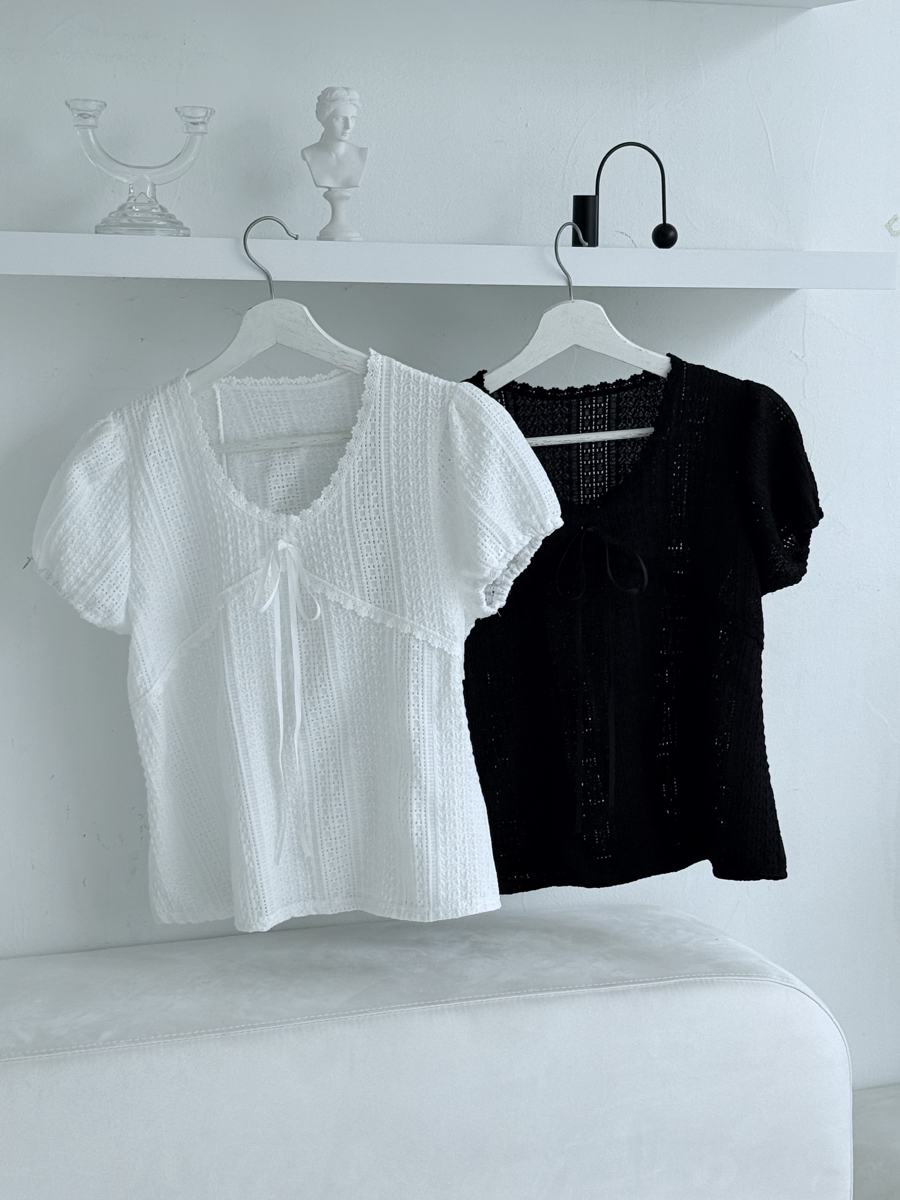 Uネックパンチングラインパフスリーブキャップスリーブ半袖レースTシャツ | 詳細画像14