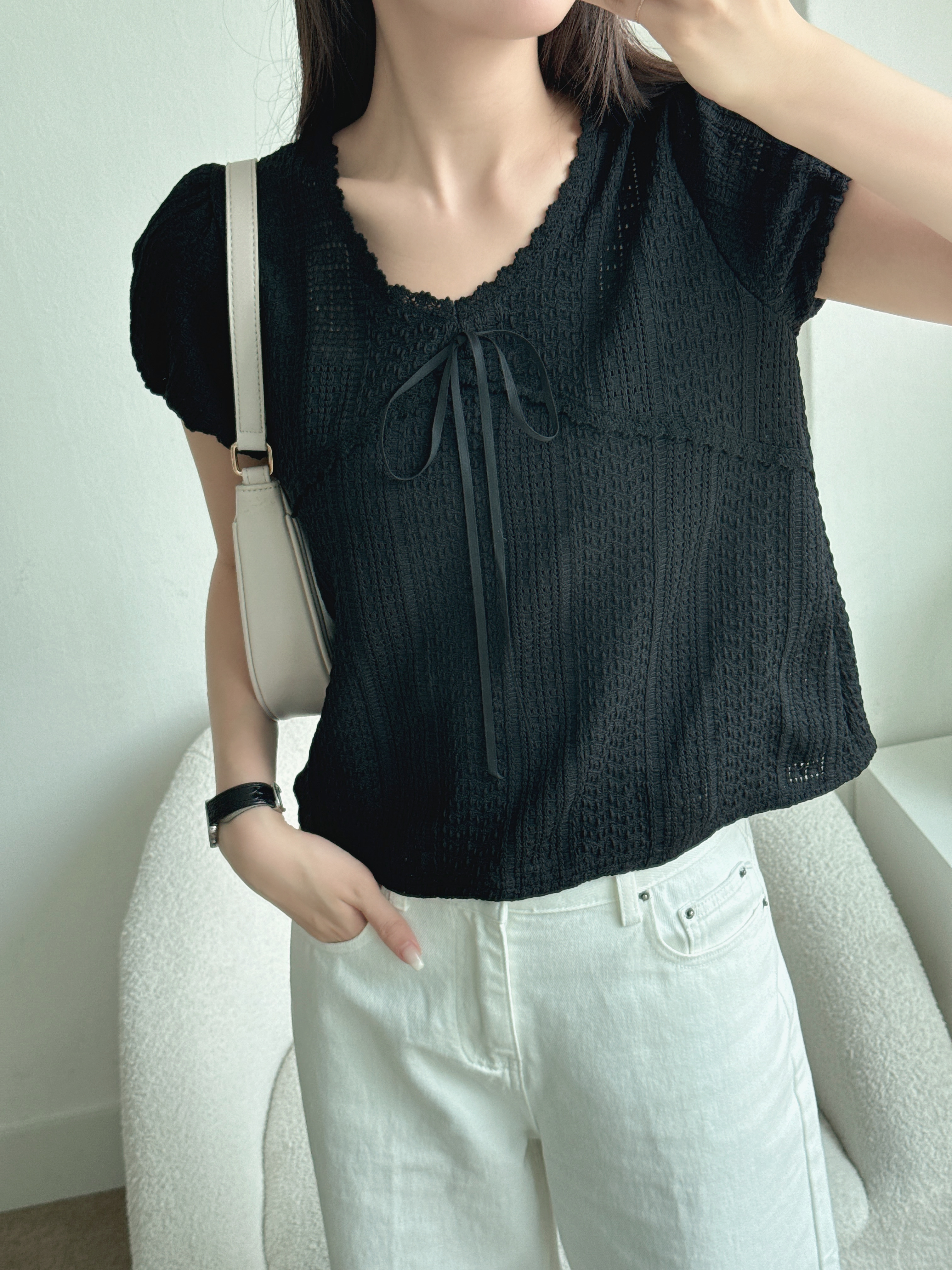 Uネックパンチングラインパフスリーブキャップスリーブ半袖レースTシャツ | 詳細画像7