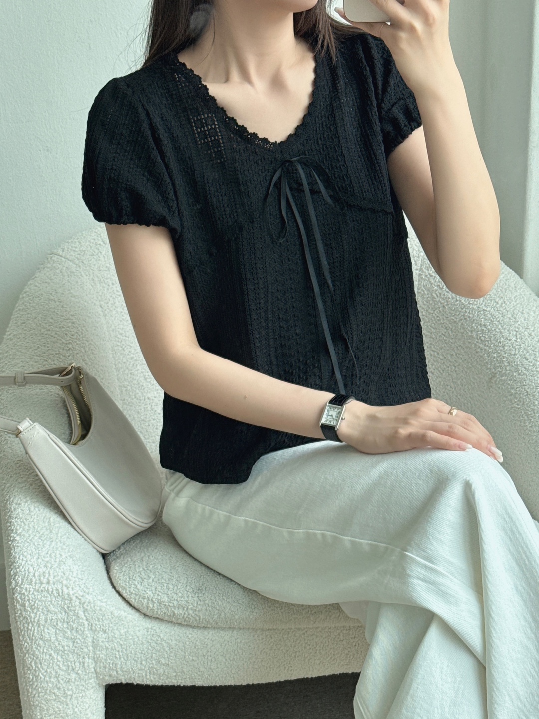 Uネックパンチングラインパフスリーブキャップスリーブ半袖レースTシャツ | 詳細画像11