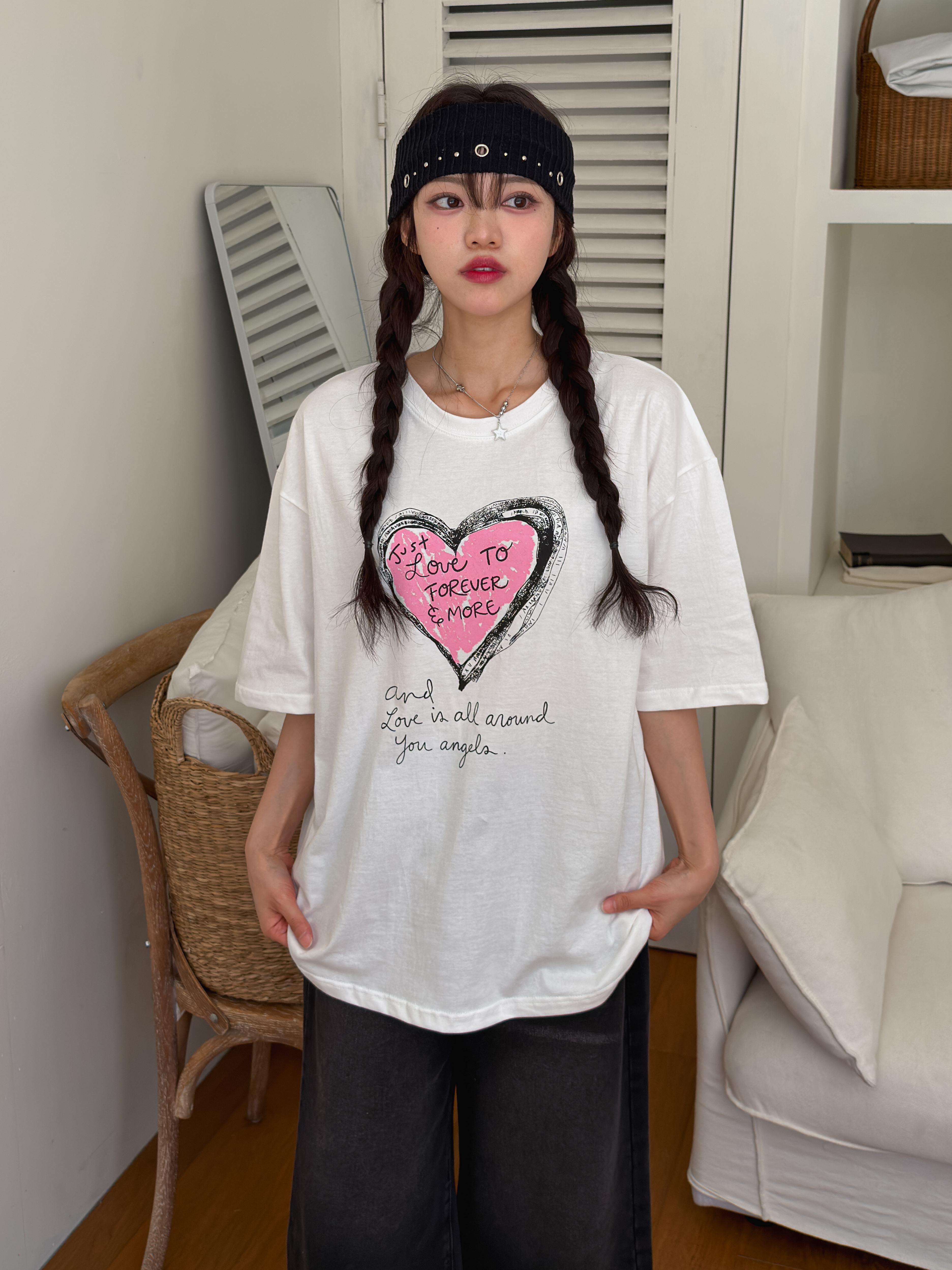 コットンラウンドネックオーバーサイズルーズ半袖ドロップショルダーレタリングプリントTシャツ | 詳細画像5