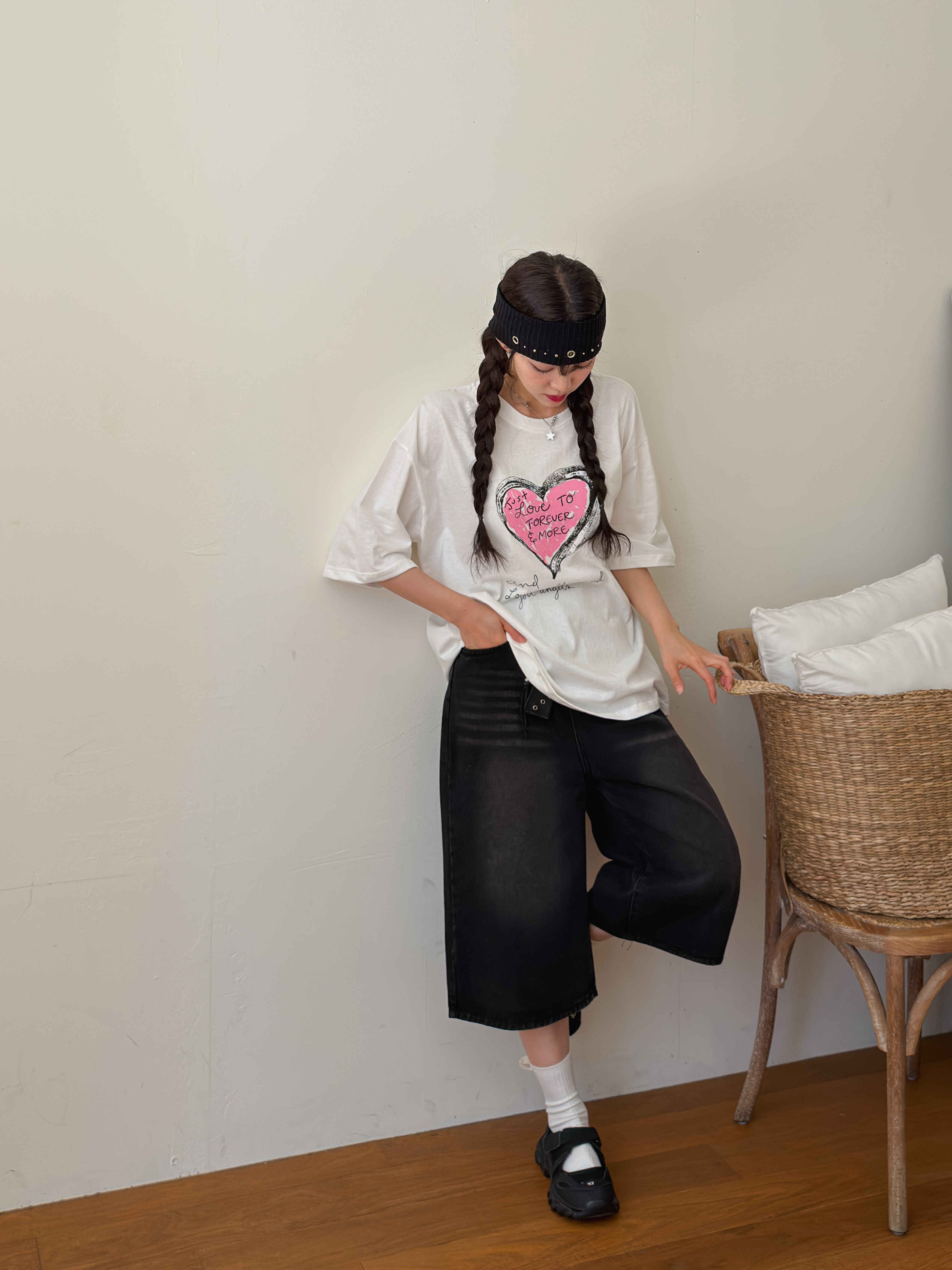 コットンラウンドネックオーバーサイズルーズ半袖ドロップショルダーレタリングプリントTシャツ | 詳細画像3