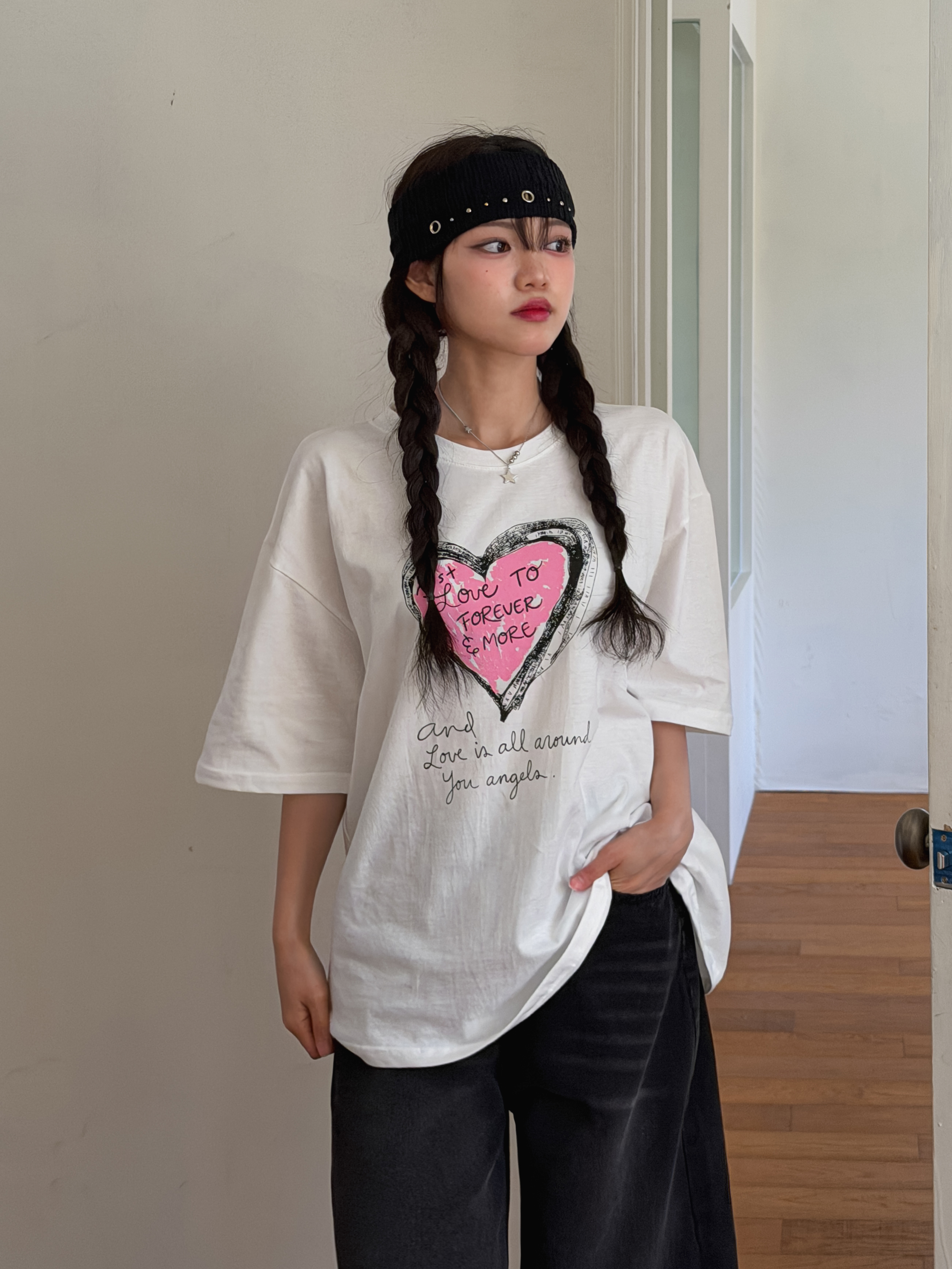 コットンラウンドネックオーバーサイズルーズ半袖ドロップショルダーレタリングプリントTシャツ | 詳細画像2